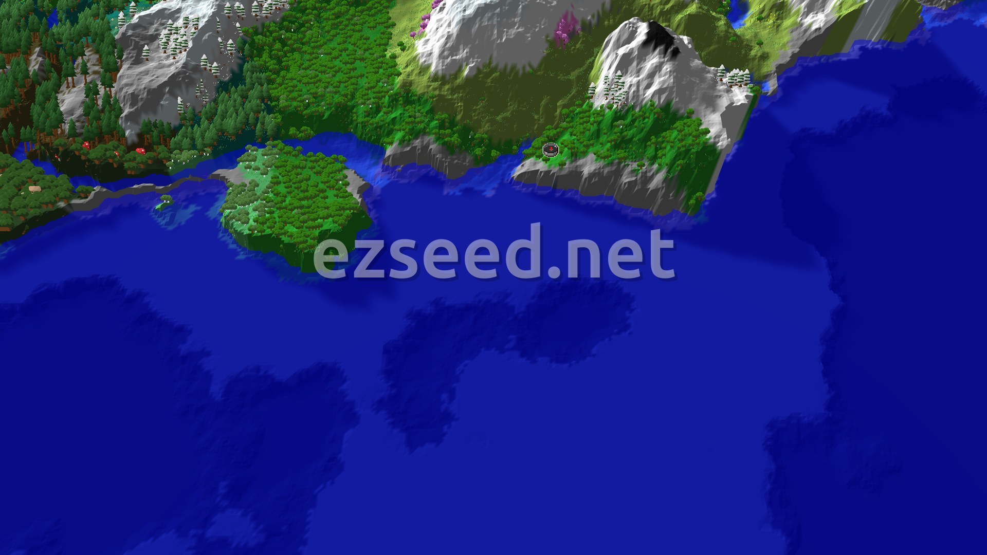 Aerial Minecraft seed map — A Mountainous Forest Spawn with Nearby Peaks