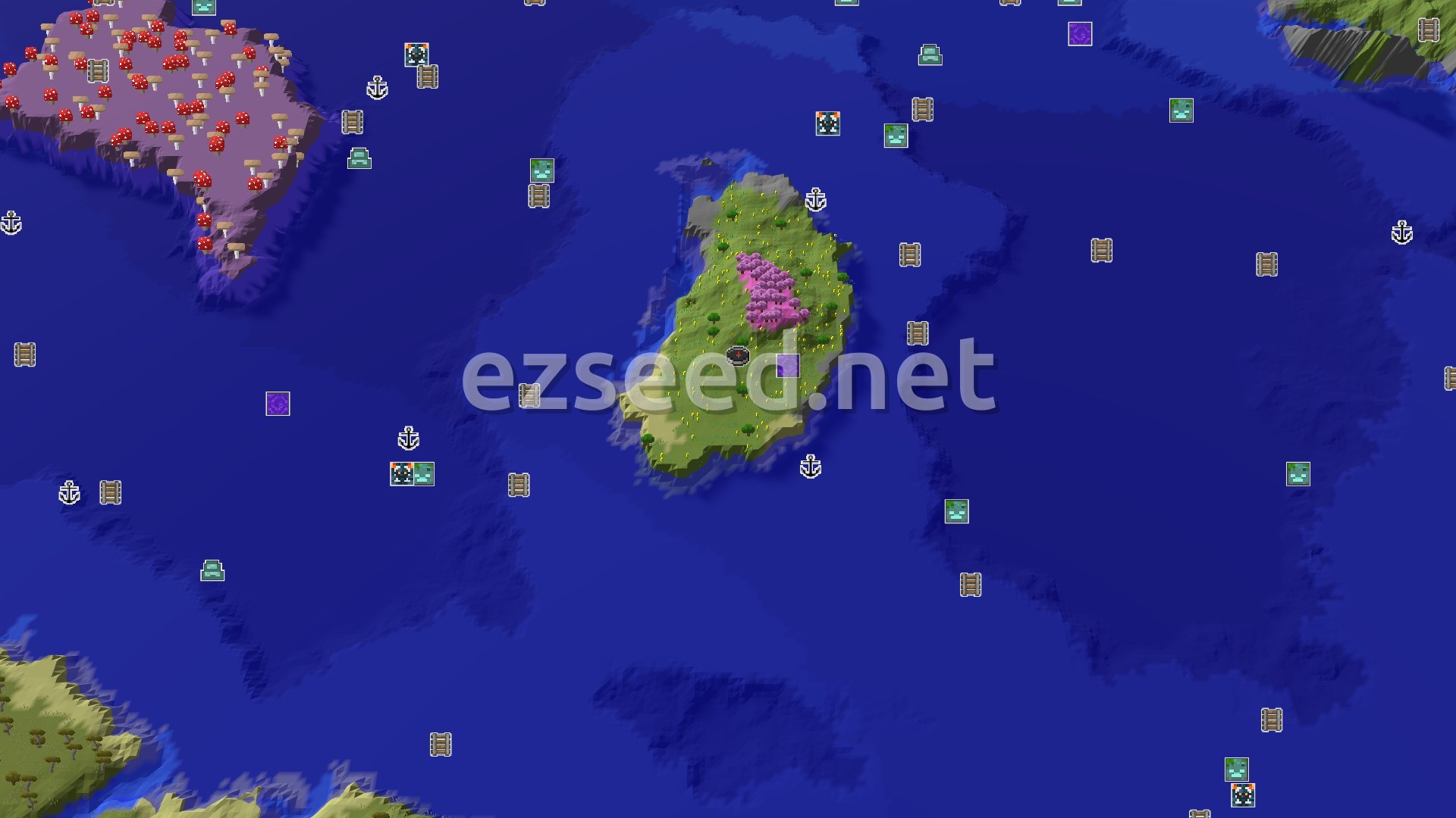 A small, flat island with green grass, scattered trees, and a patch of pink cherry blossom trees, surrounded by dark blue ocean. A small spawn marker is visible at the island's center.