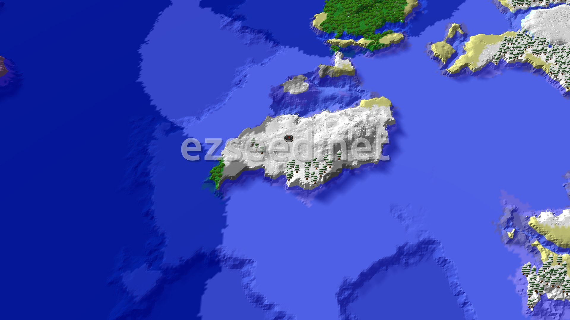 Aerial Minecraft seed map — Frozen Islands and Distant Mushroom Fields