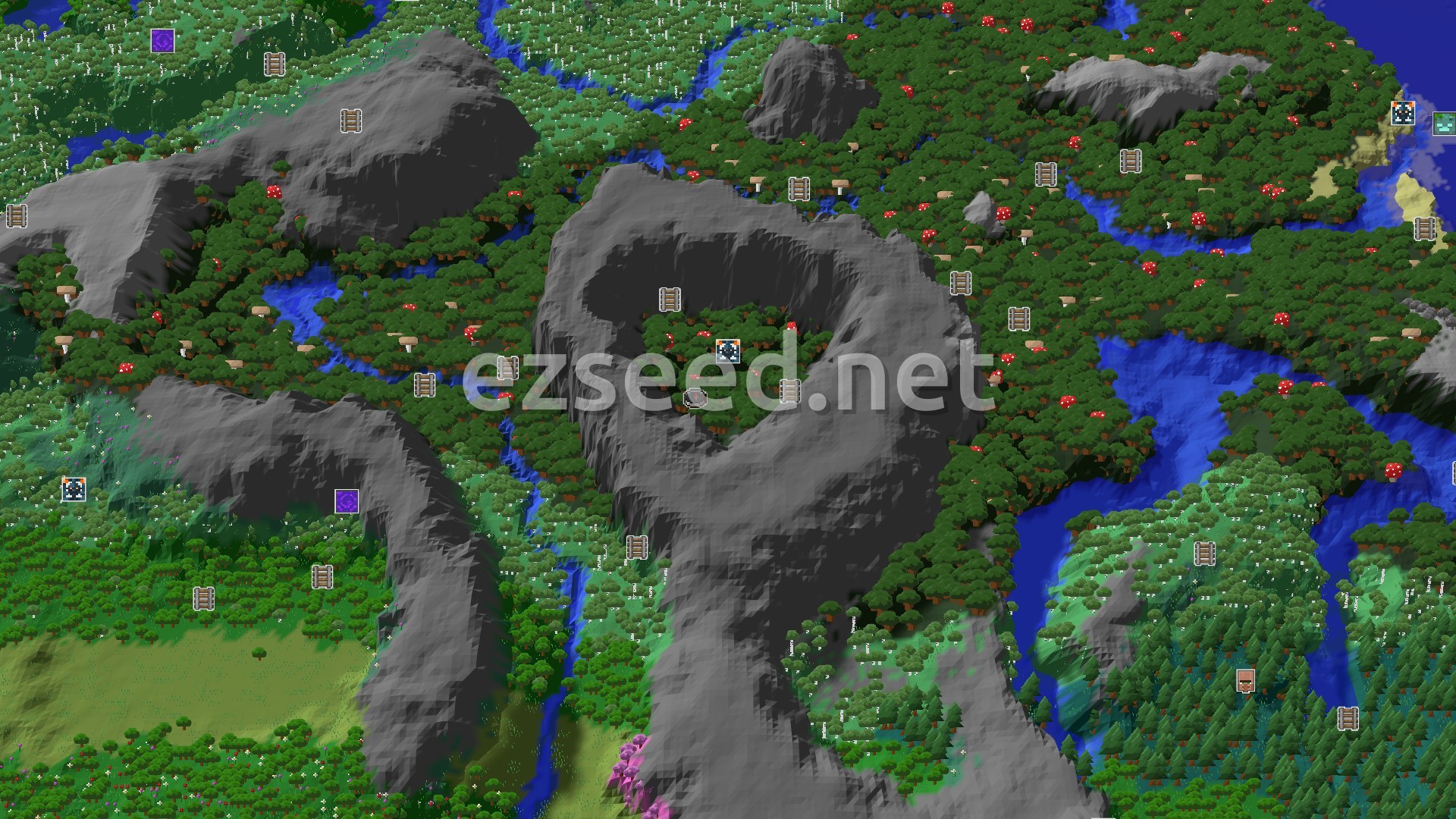 Aerial Minecraft seed map — A Lush Forest Start with Close Underground Loot