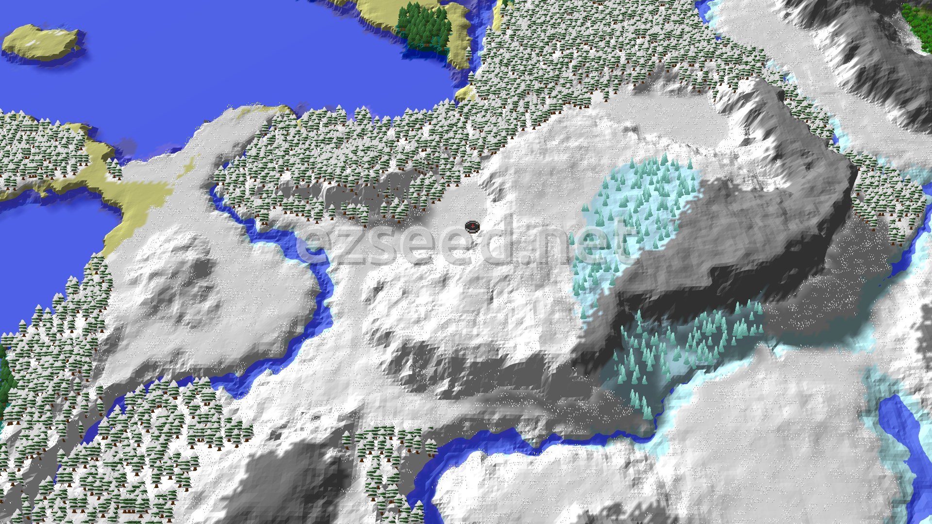 Aerial Minecraft seed map — Ice Spikes 132 Blocks from Snowy Plains Spawn
