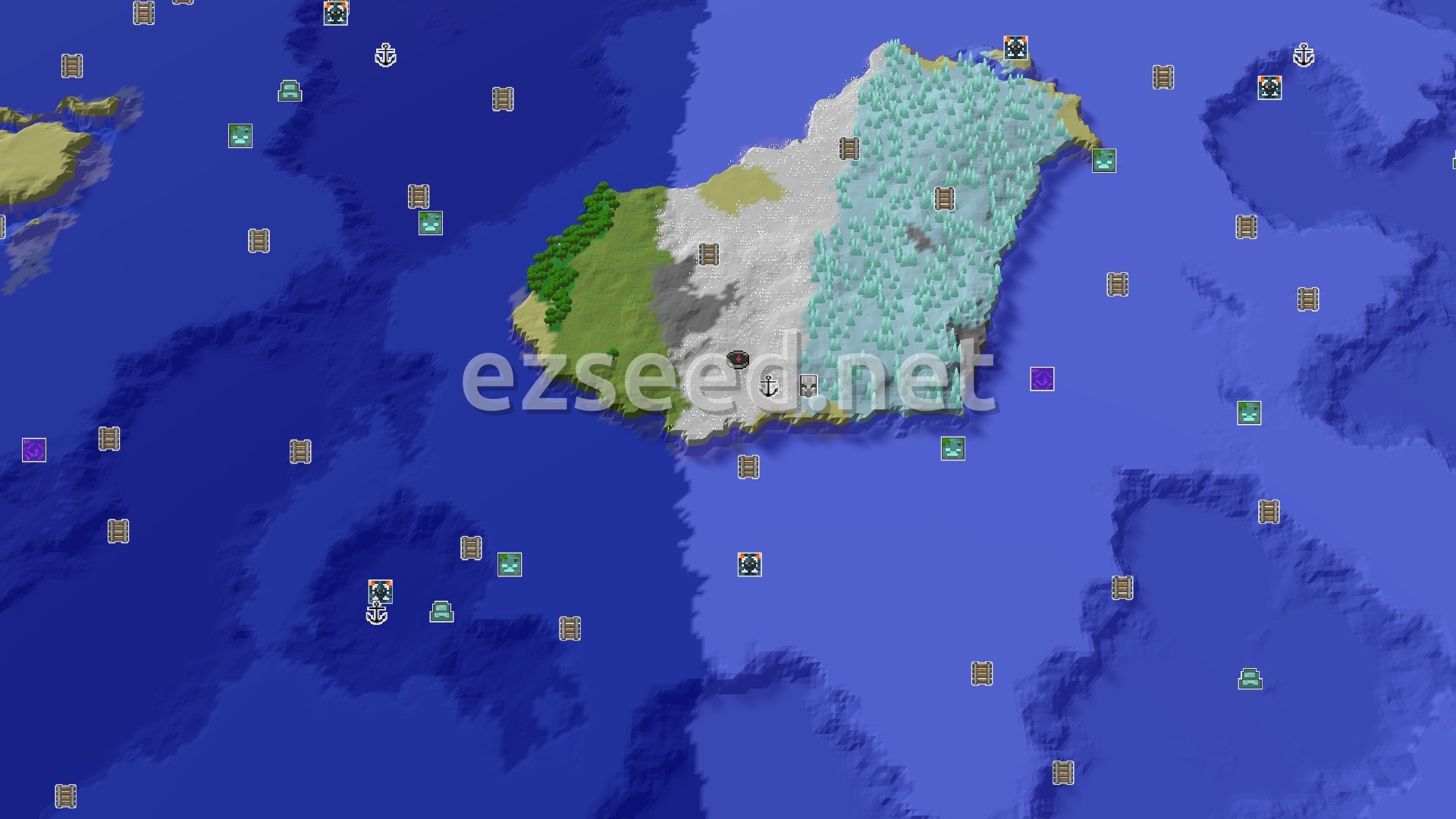 Aerial Minecraft seed map — Spawn on a Snowy Island with Nearby Ice Spikes