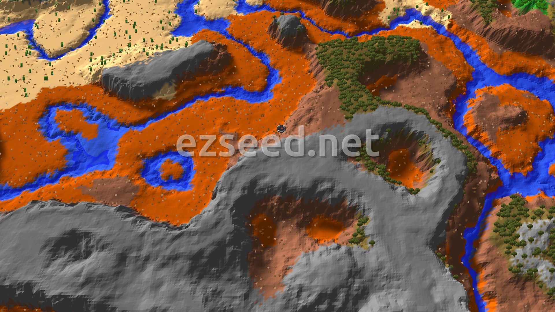 A 3D fly-over of a Minecraft world, showing orange and brown badlands terrain intersected by blue rivers, with some green forested areas and patches of desert, and a small spawn marker in the center.