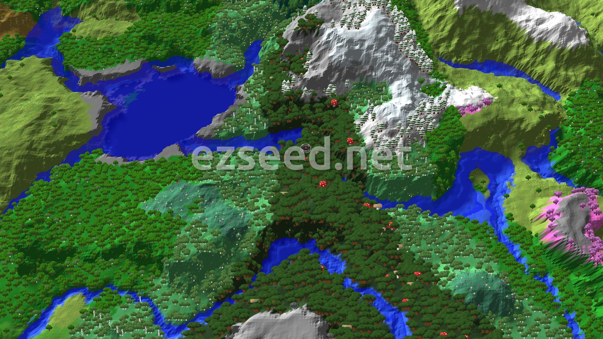A dense dark forest with red and brown mushroom trees at the center, surrounded by a winding river, green plains, and snow-capped mountains in the distance.