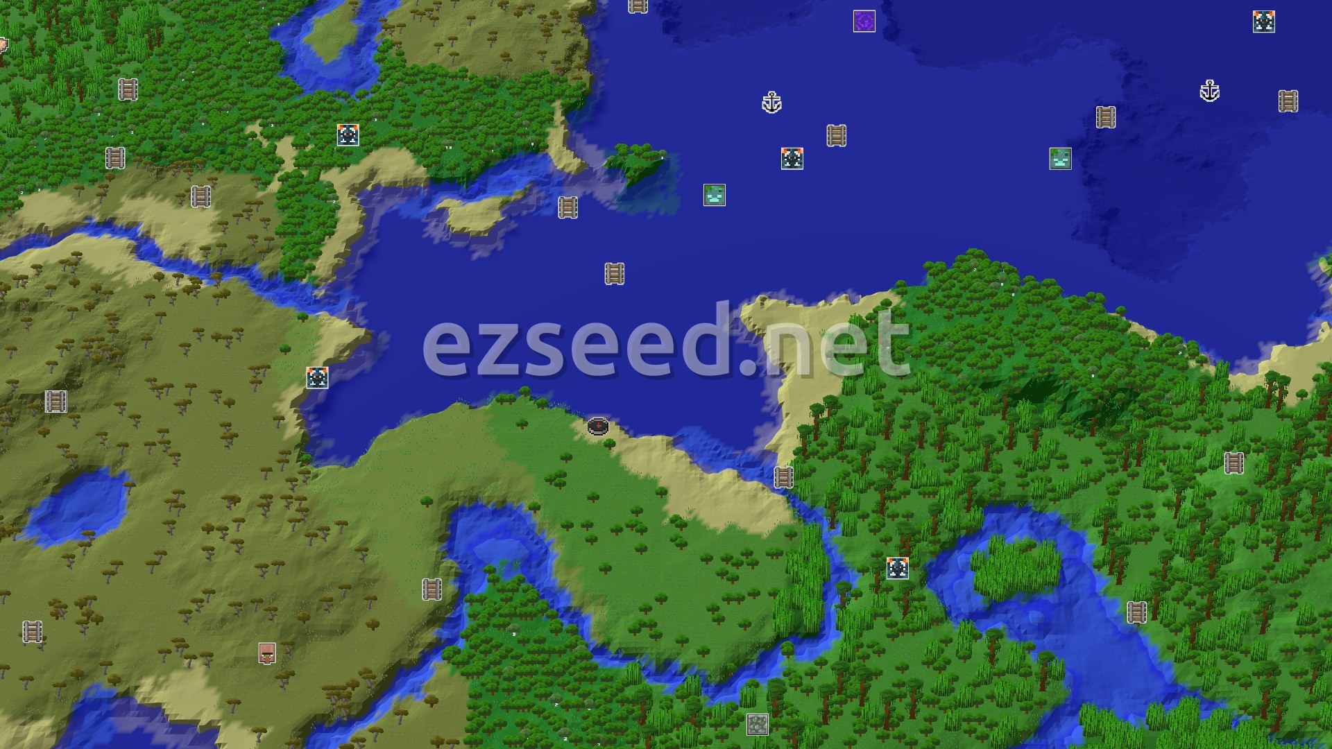 Aerial Minecraft seed map — Jungle Temple and Village Near a Beach Spawn