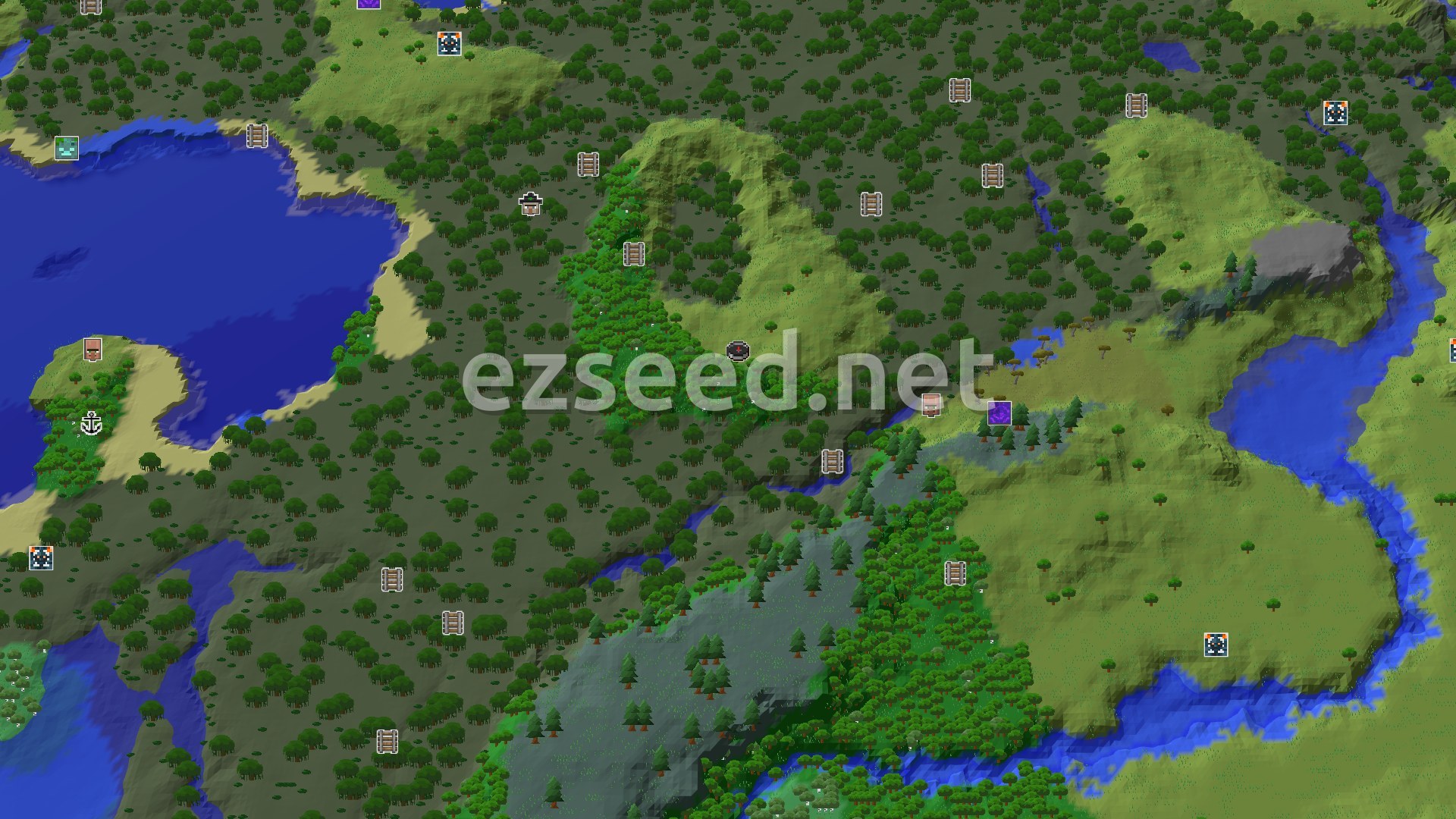 Aerial Minecraft seed map — A Lush Forest Start with Close Village and Trial Chambers
