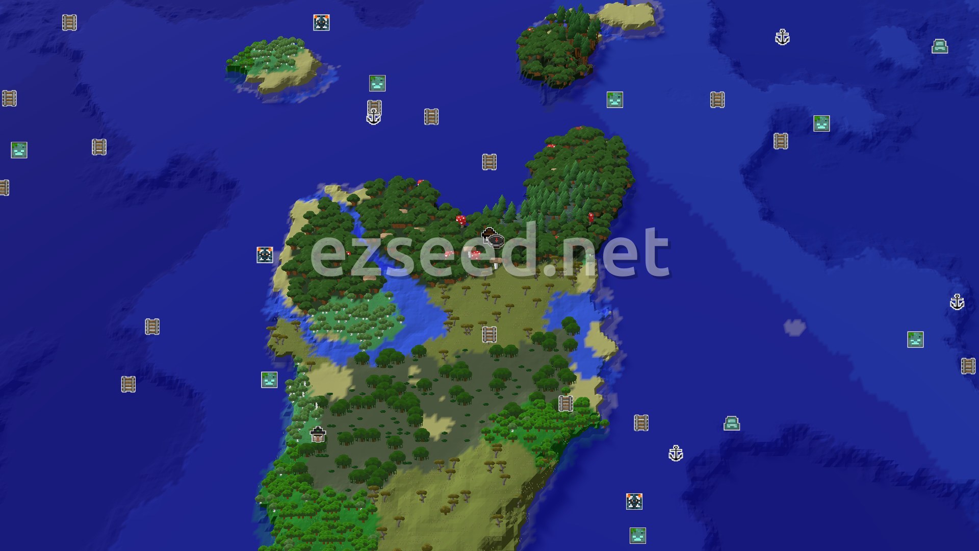 Aerial Minecraft seed map — Woodland Mansion at Spawn in a Dark Forest World