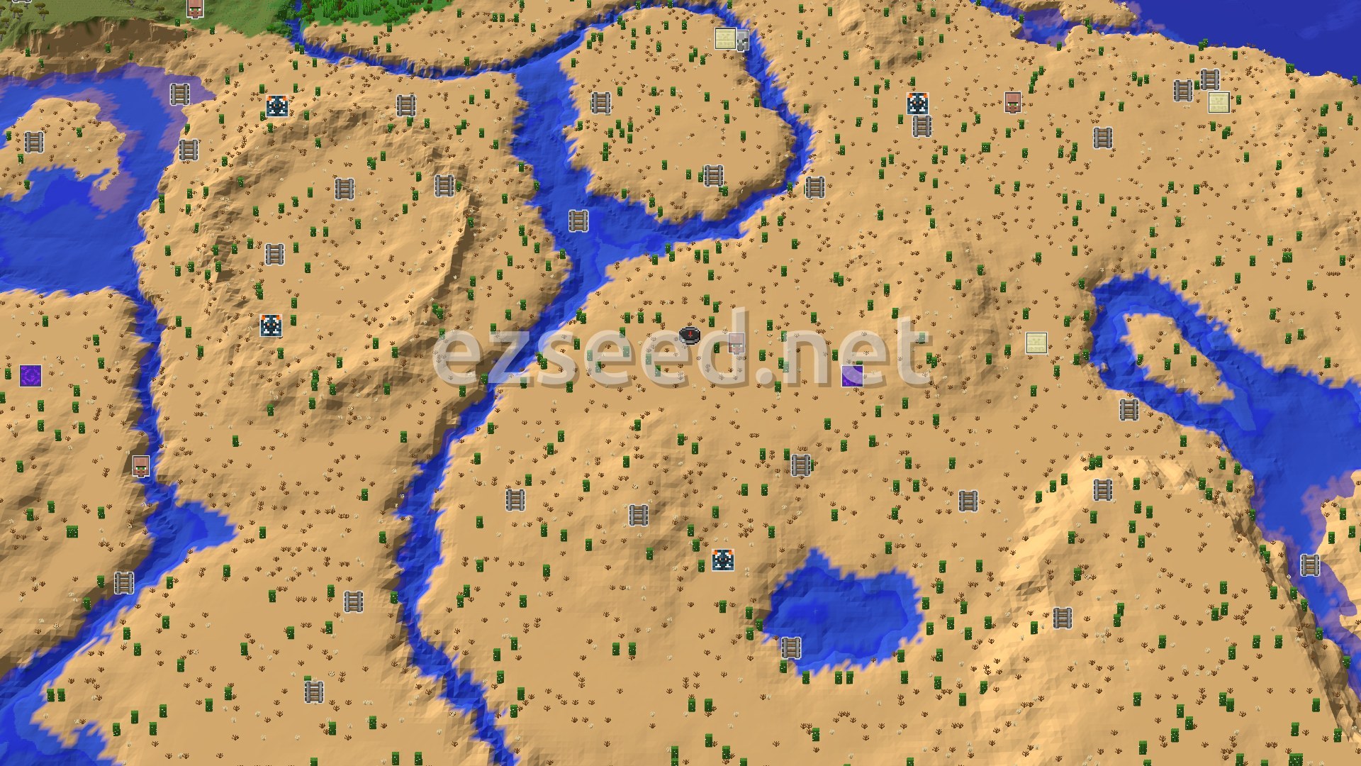 Aerial Minecraft seed map — Desert Spawn with Nearby Village and Jungles