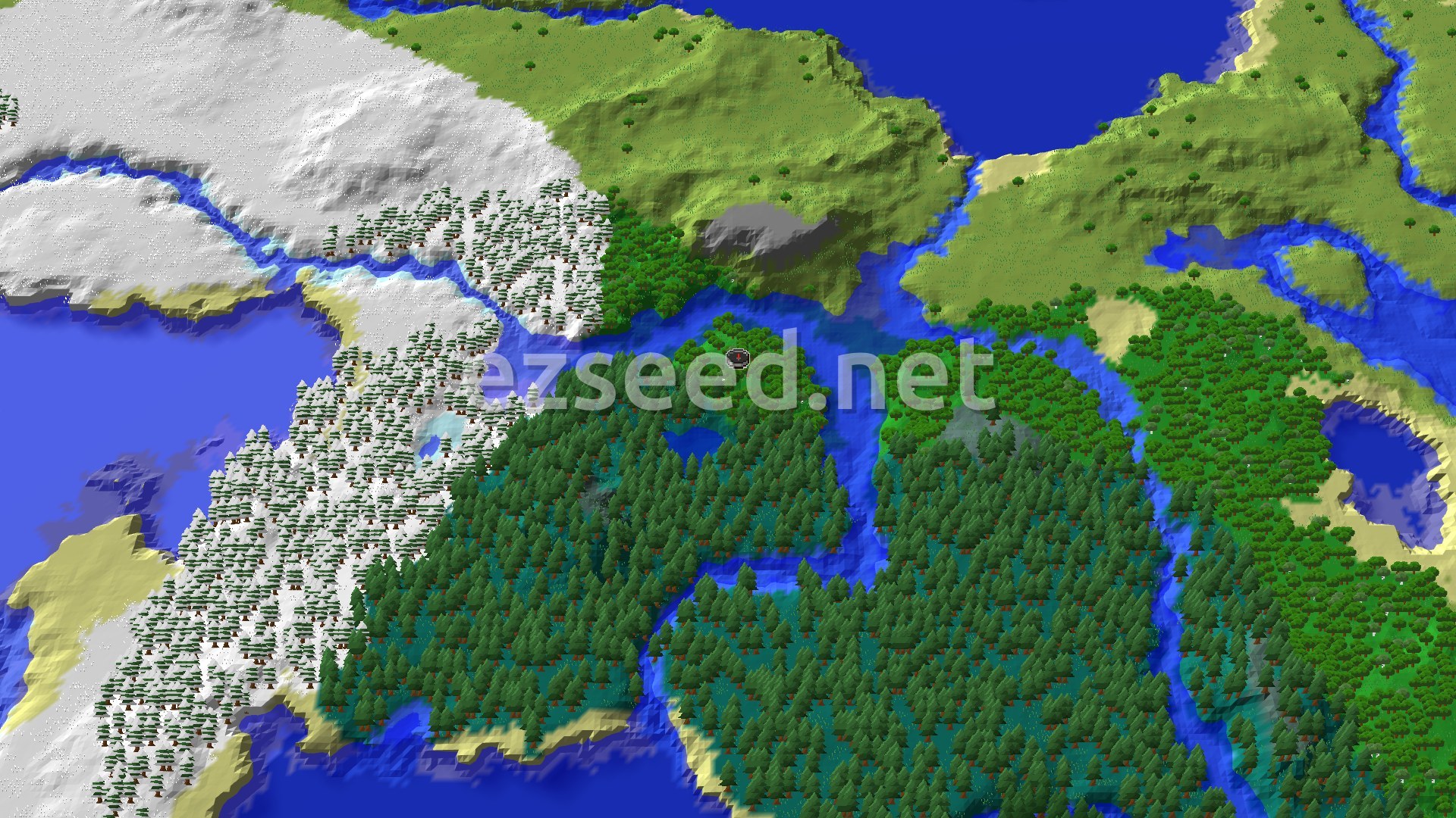 Aerial Minecraft seed map — Village with Blacksmith Near Forest Spawn