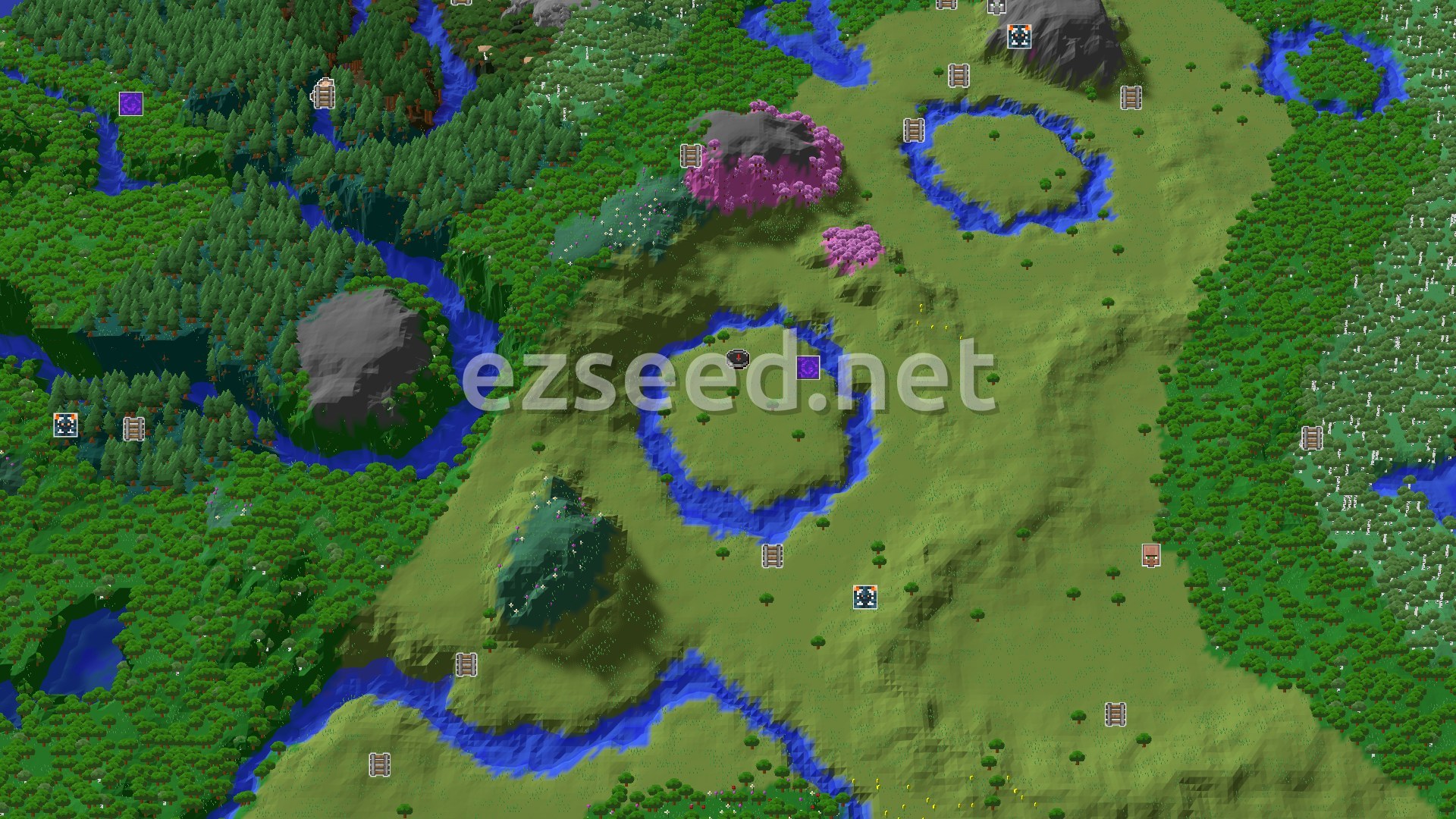 Aerial Minecraft seed map — A Modest Start with Nearby Pink Cherry Blossoms