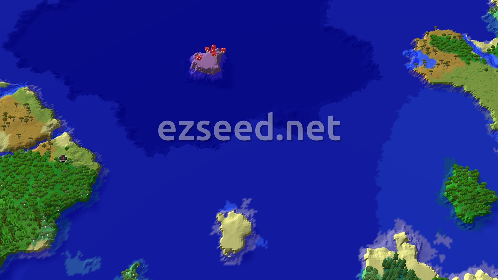 Aerial Minecraft seed map — Spawn Near a Mushroom Fields Island and Jungle Temple