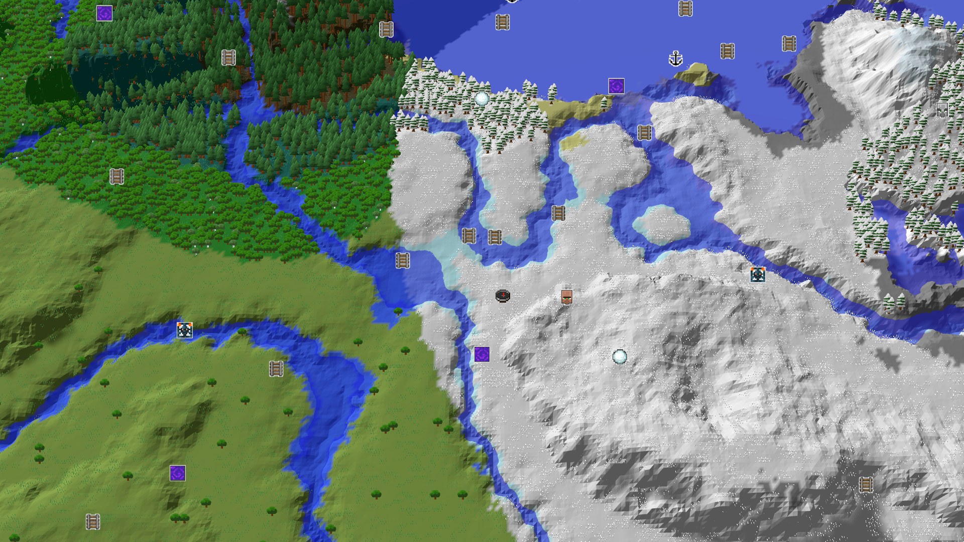 An overhead view of a diverse landscape, showing a central snowy plain surrounded by frozen rivers, forests, and distant snow-capped mountains, with a small spawn marker in the middle.