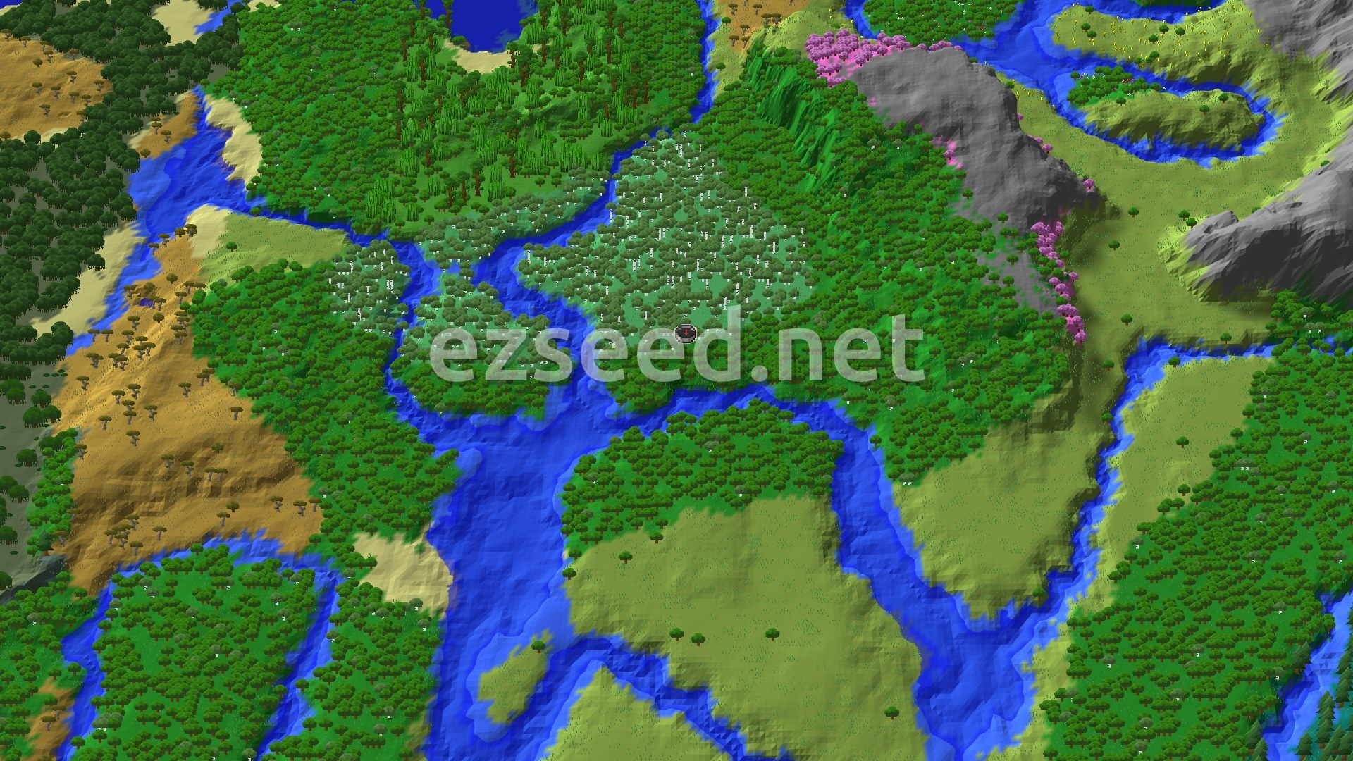 A 3D aerial view shows a spawn marker in a dense forest, surrounded by winding rivers, plains, and distant mountains with pink cherry trees.