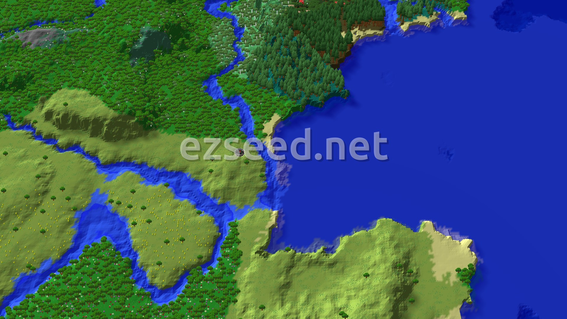 Aerial Minecraft seed map — Pillager Outpost and Flower Forest Near Spawn