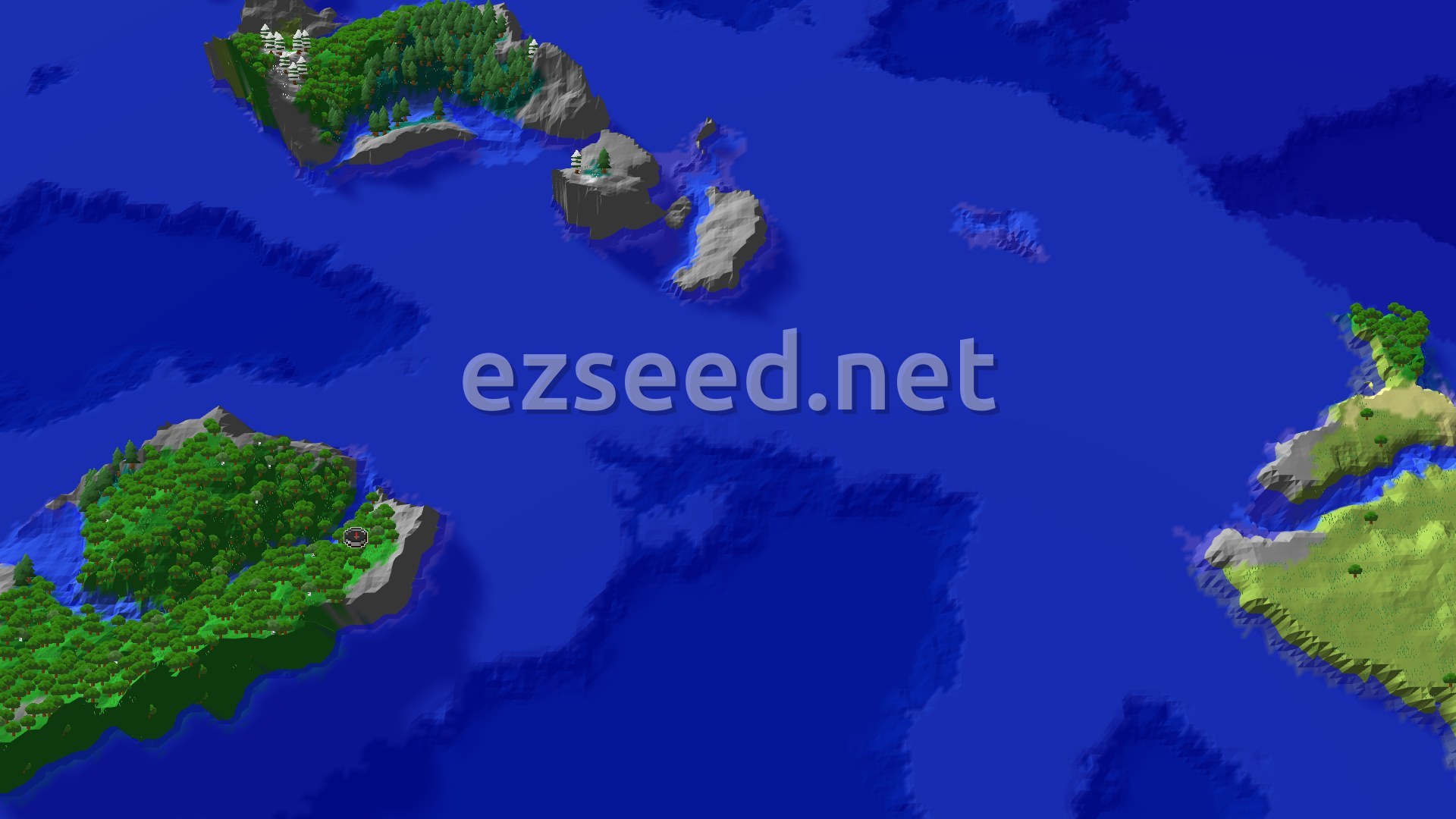 A 3D fly-over rendering of an ocean world with several islands covered in green trees, some with snow-capped peaks. A small spawn marker indicates the starting point on one of the larger forested islands.