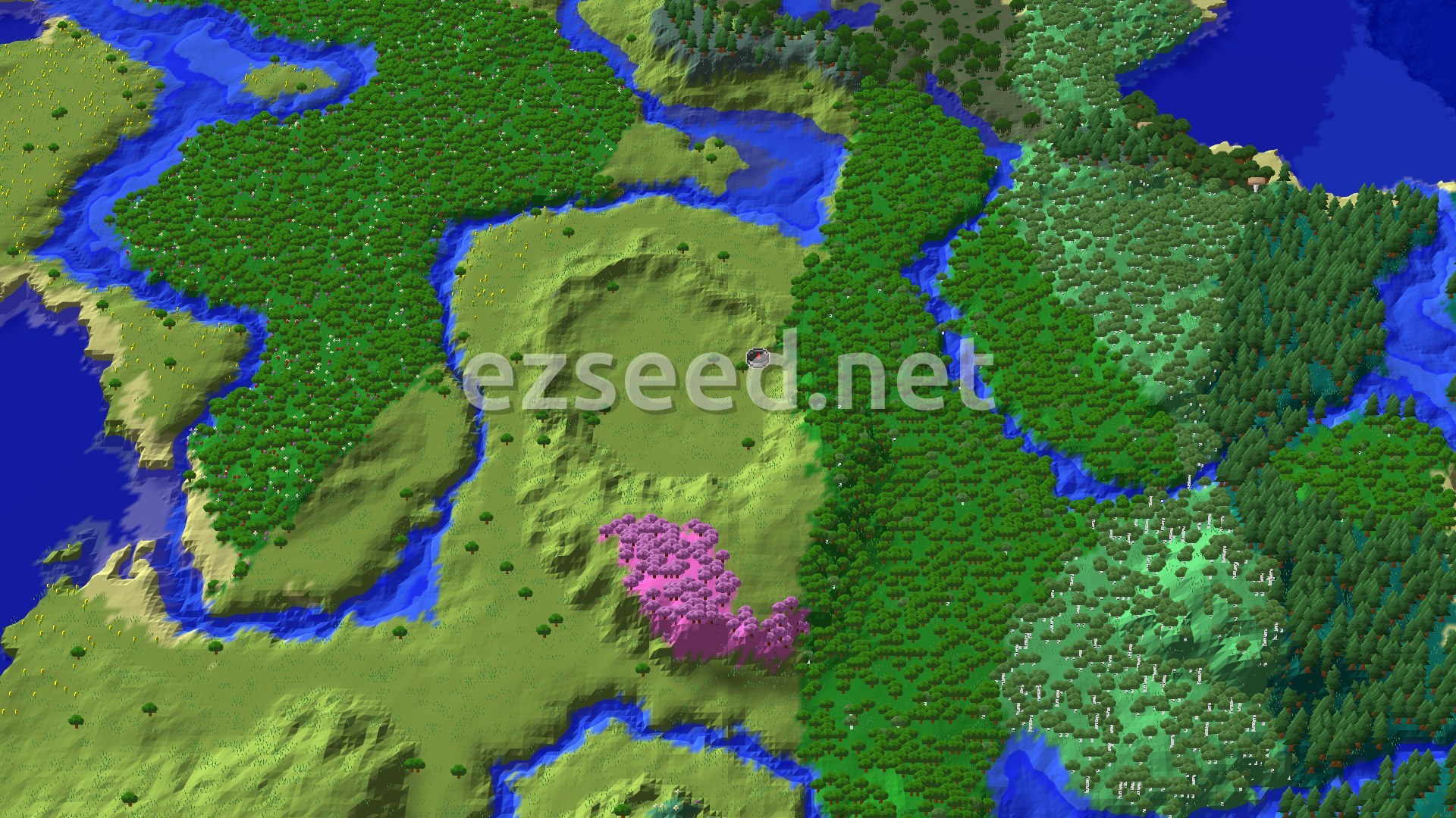 Aerial Minecraft seed map — Spawn Near a Cherry Grove, Explore Varied Landscapes