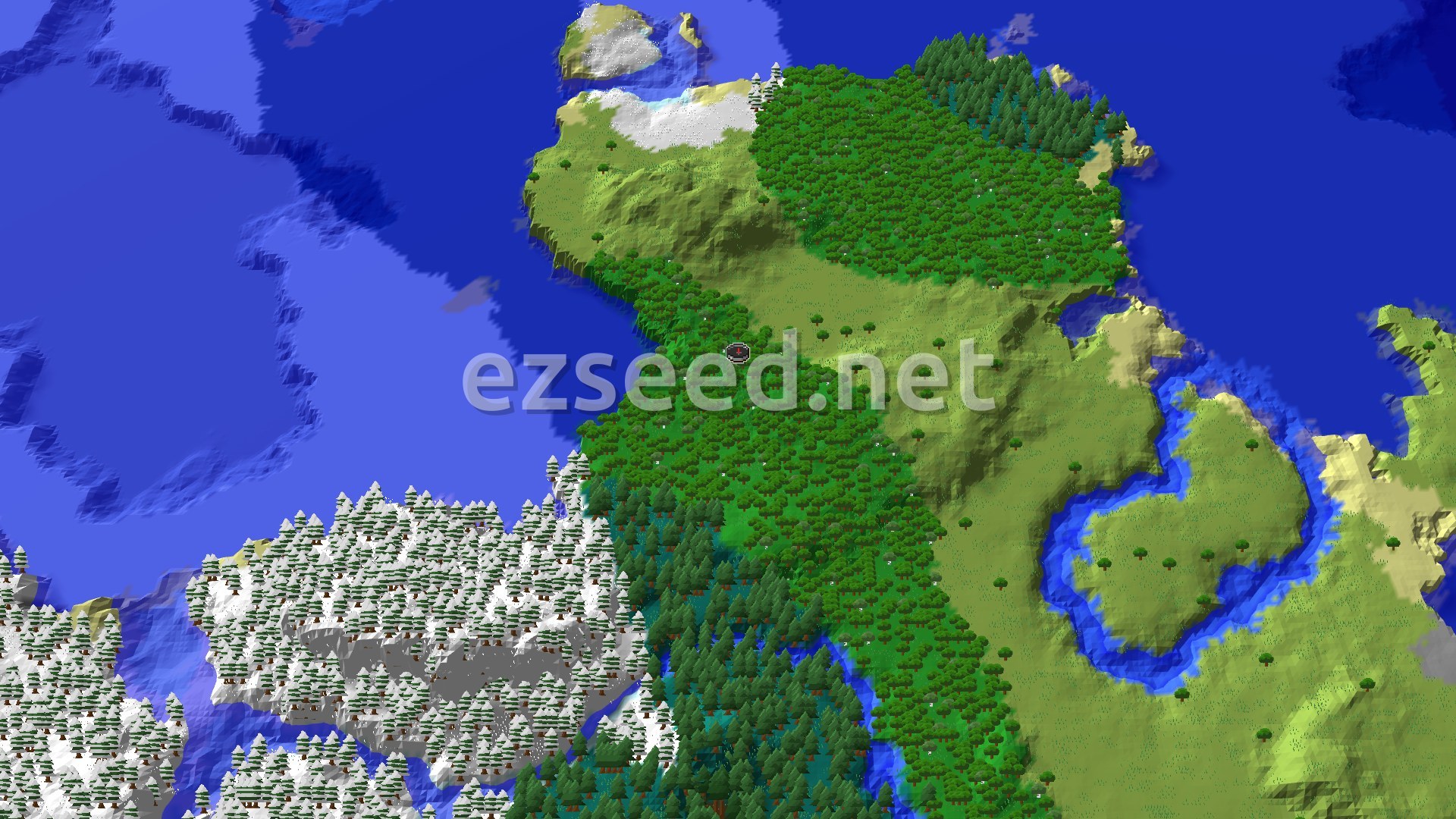 Aerial Minecraft seed map — Forest Spawn with Coastal Access and Nearby Cold Biomes