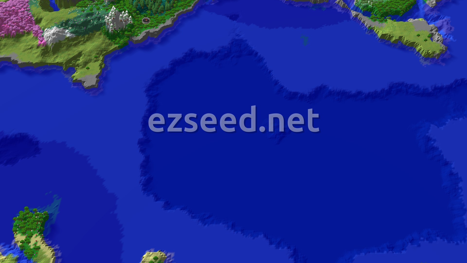 Aerial Minecraft seed map — Close Trial Chambers and Ancient City with a Cherry Grove
