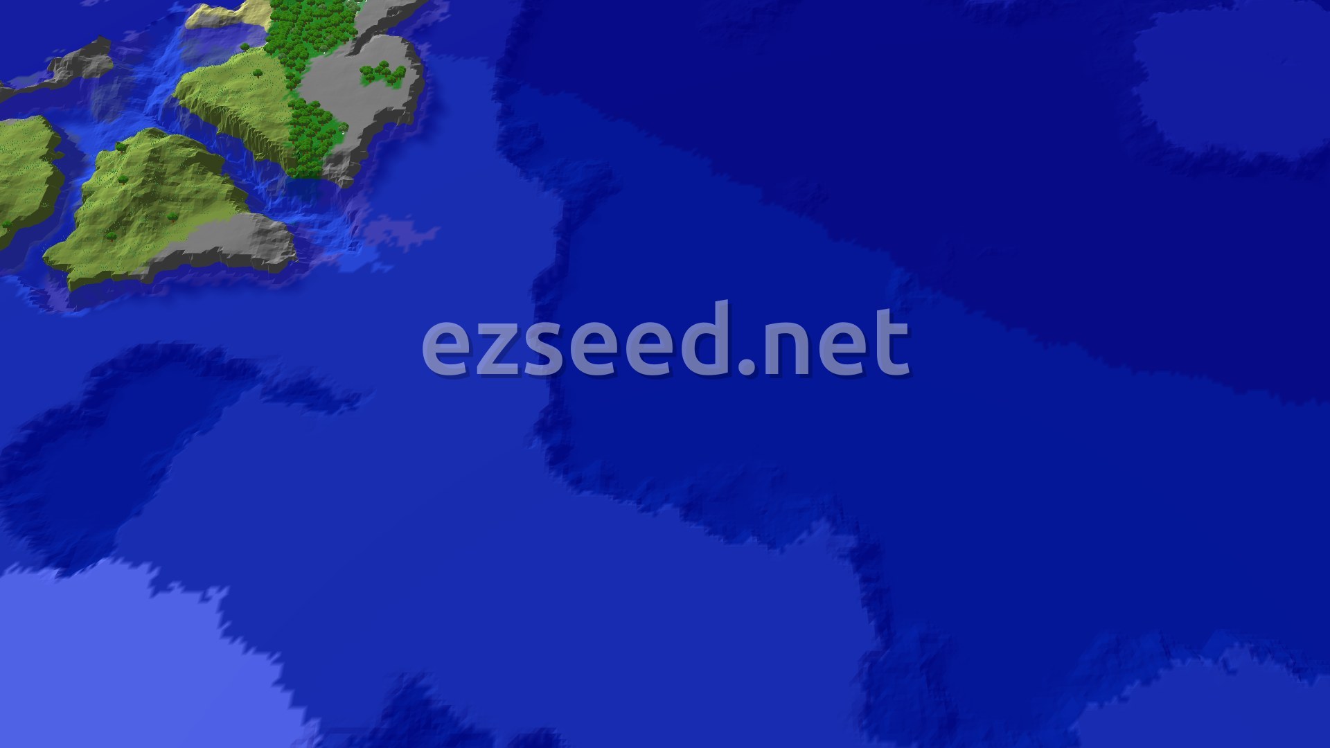 An aerial view of a green, hilly plains biome with some trees, surrounded by vast blue oceans and darker deep ocean areas. A small spawn marker is visible near the center.