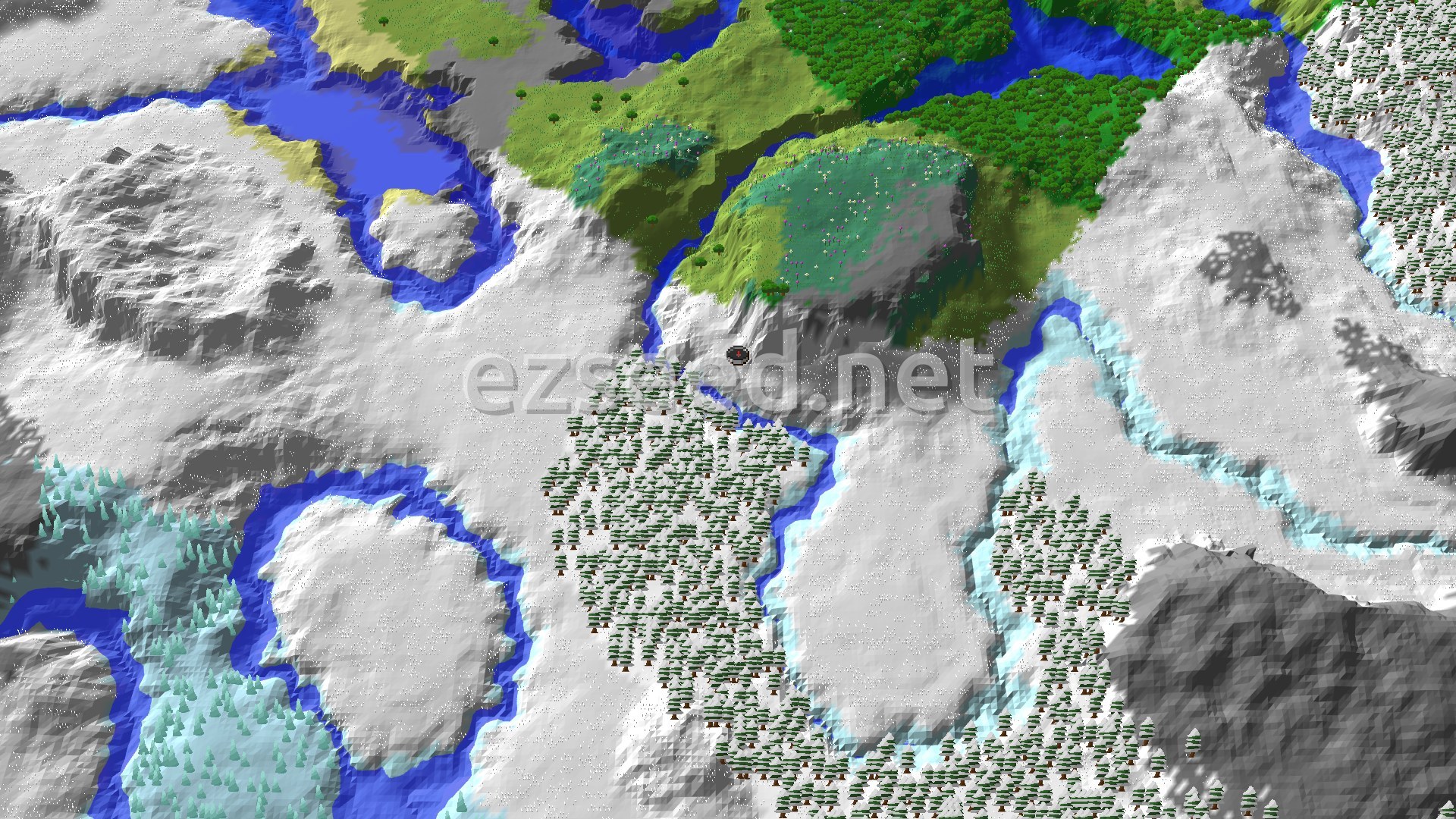 A 3D fly-over of a snowy plains landscape with a winding river and patches of taiga and forest biomes. A small marker indicates the spawn point in the center.