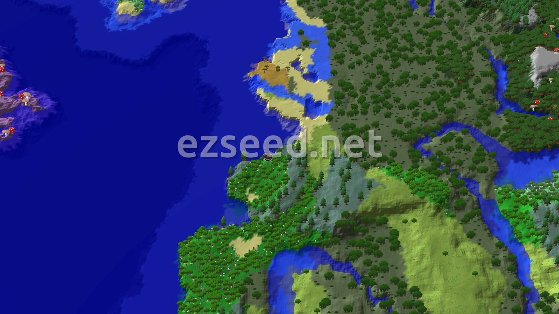 Aerial Minecraft seed map — Flower Forest Spawn with Nearby Trial Chambers
