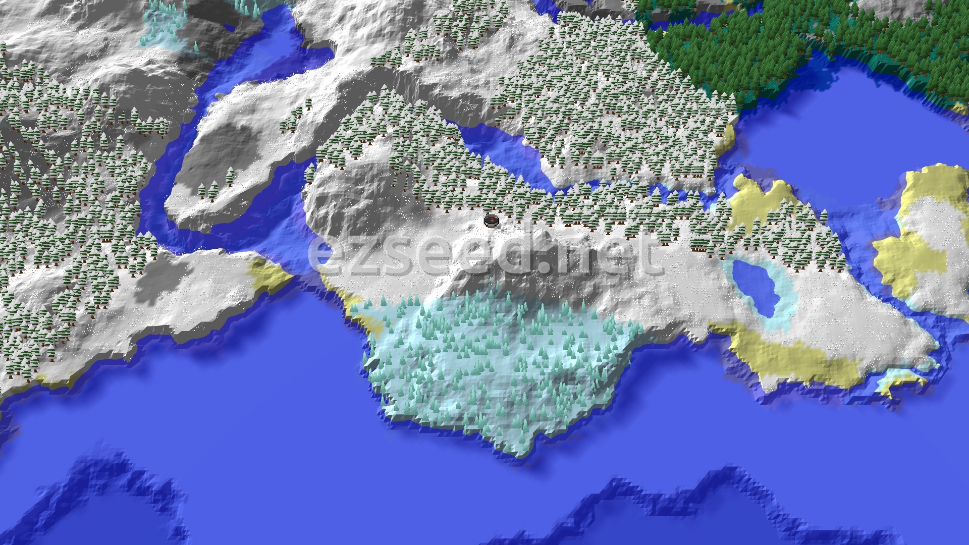 Aerial Minecraft seed map — Frosty Beginnings: A Snowy Plains Spawn with Ice Spikes