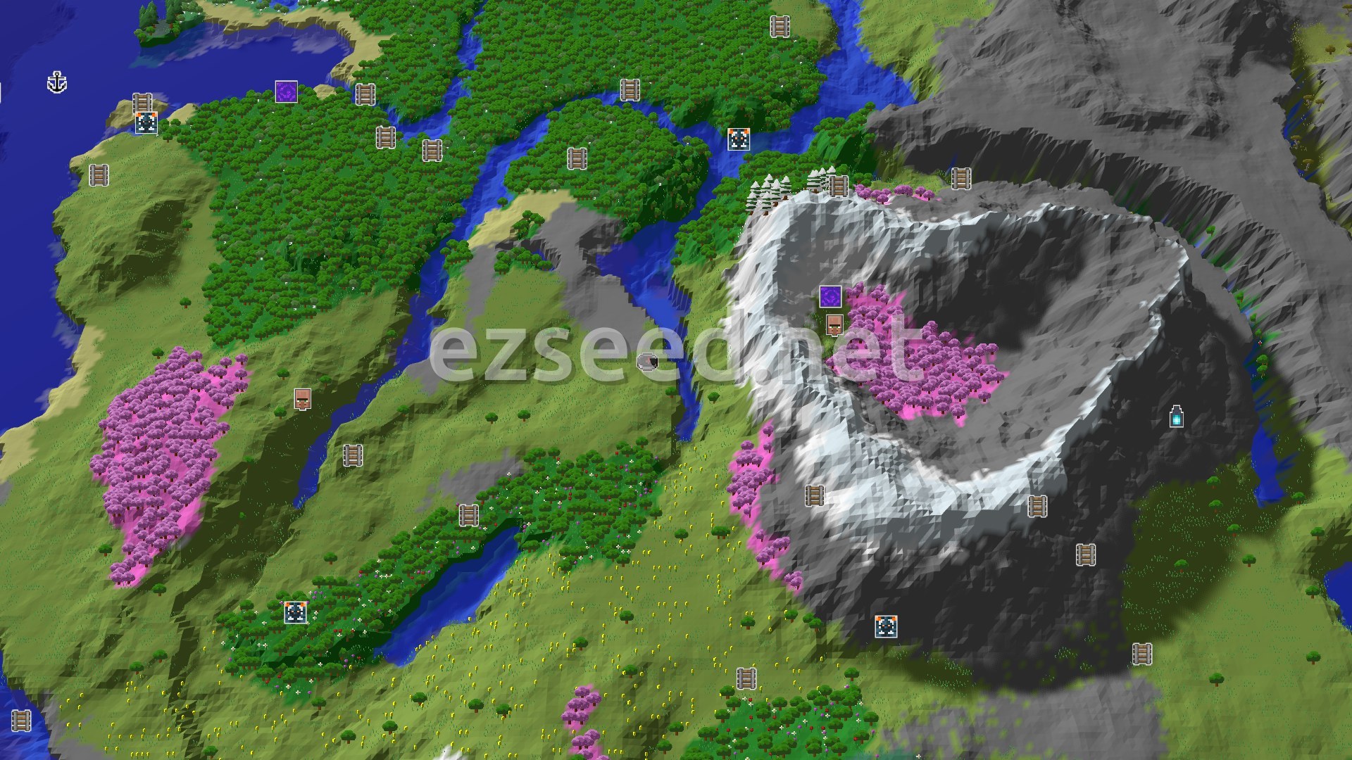 Aerial Minecraft seed map — Cherry Grove and Frozen Peaks by a Plains Spawn