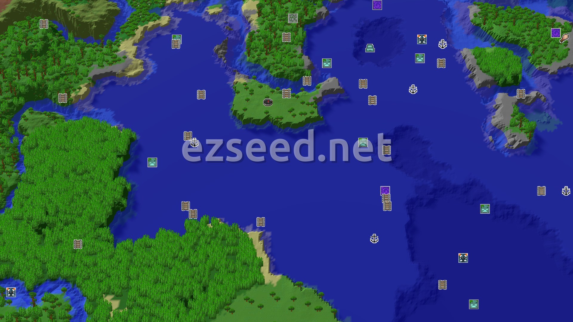 Aerial Minecraft seed map — Spawn in a Sparse Jungle, with a Mineshaft and Temple Nearby