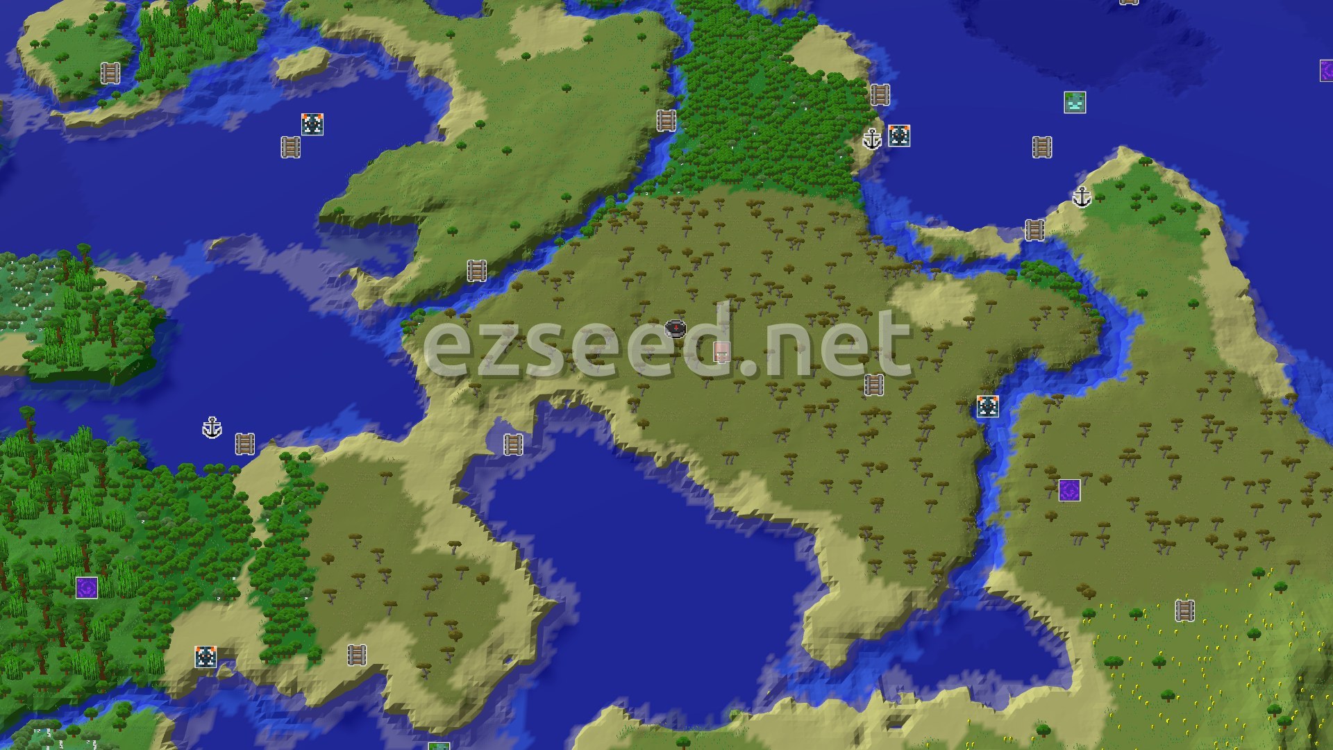 Aerial Minecraft seed map — Savanna Spawn with a Village and Beach Nearby