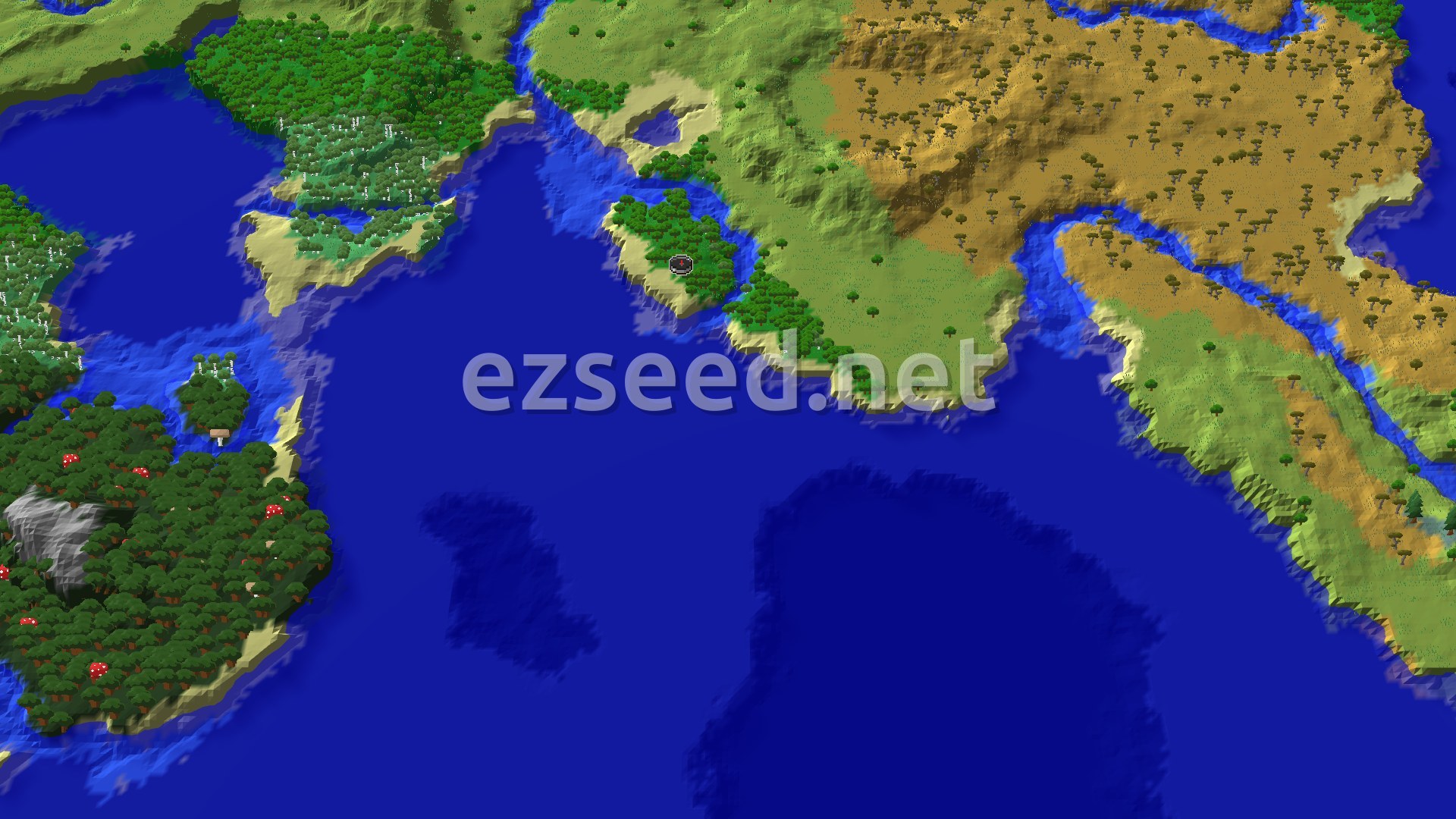 Aerial Minecraft seed map — Spawn on a Beach with a Shipwreck and Mineshaft Nearby