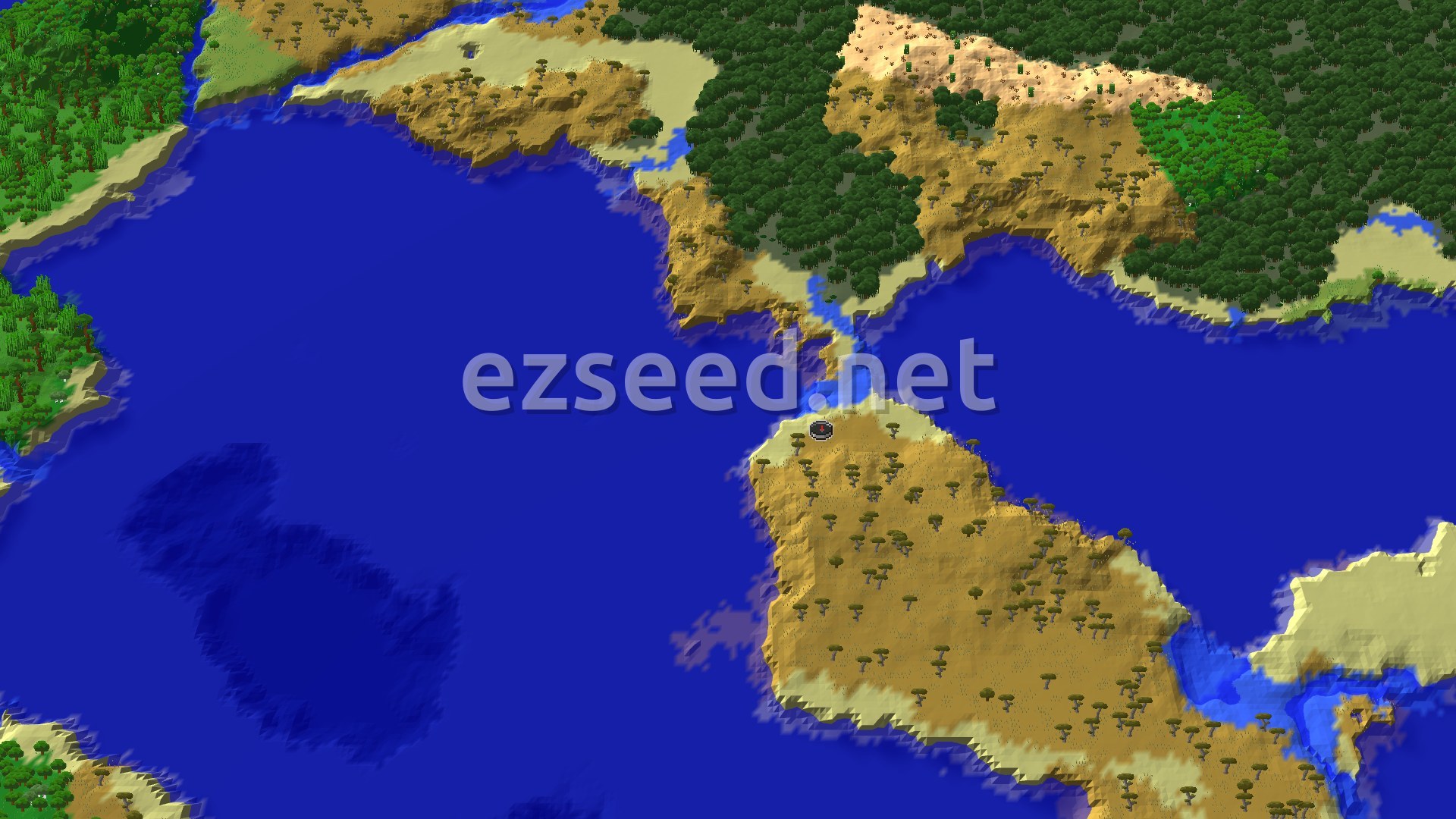 Aerial Minecraft seed map — Savanna Spawn with a Close Village and Mangrove Swamp