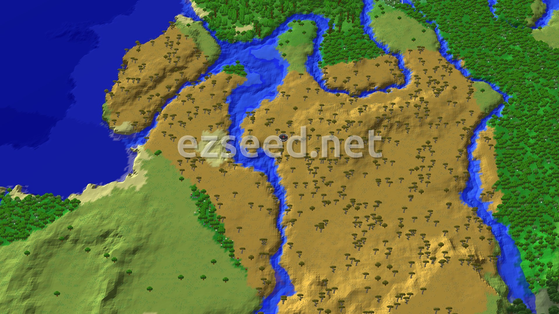 Aerial Minecraft seed map — Savanna Spawn with a Nearby Flower Forest
