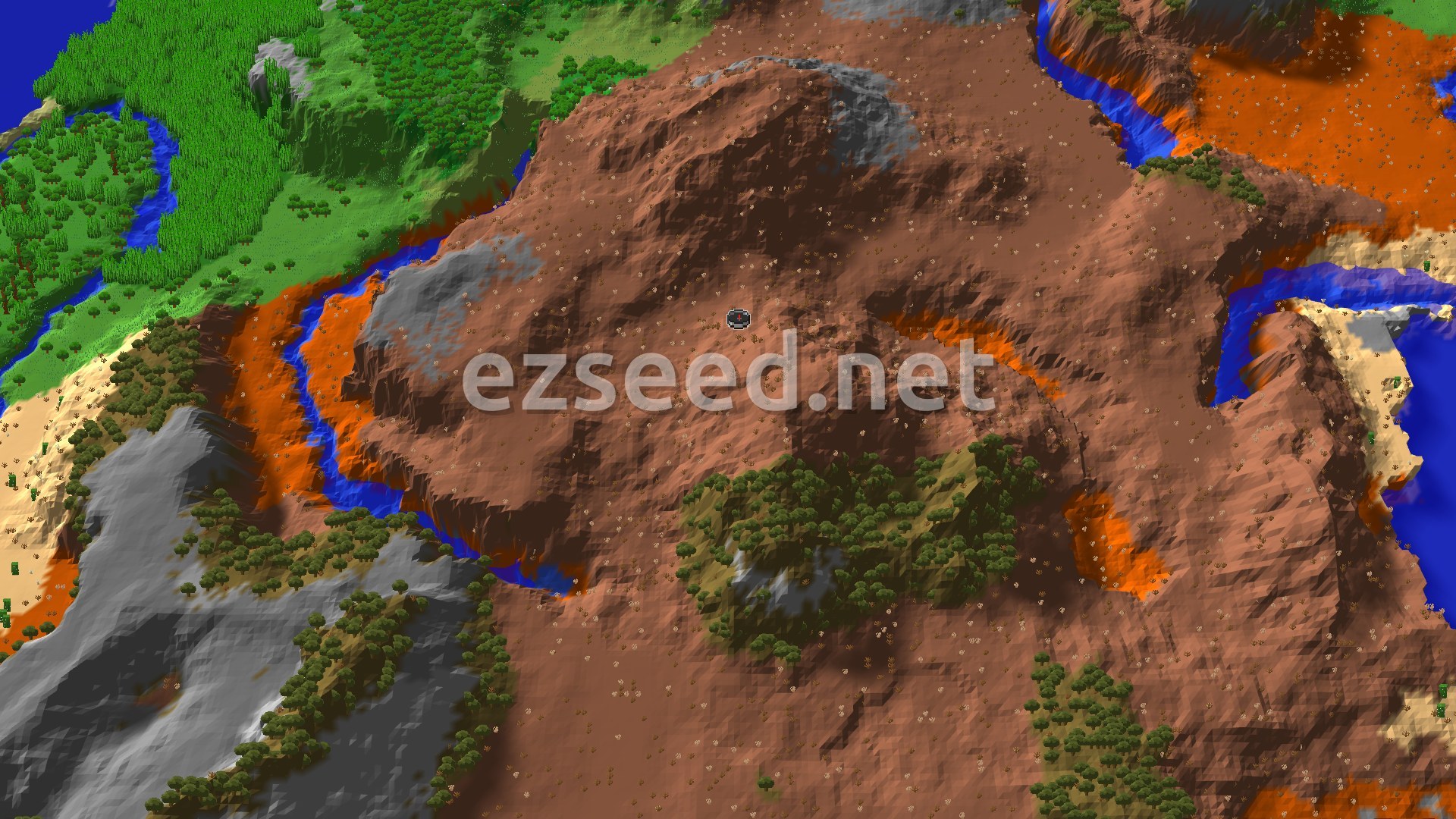 An aerial view of a varied landscape, featuring a large expanse of red-orange badlands, green forests, a sandy desert area, and blue rivers winding through the terrain, with a small spawn marker in the center.