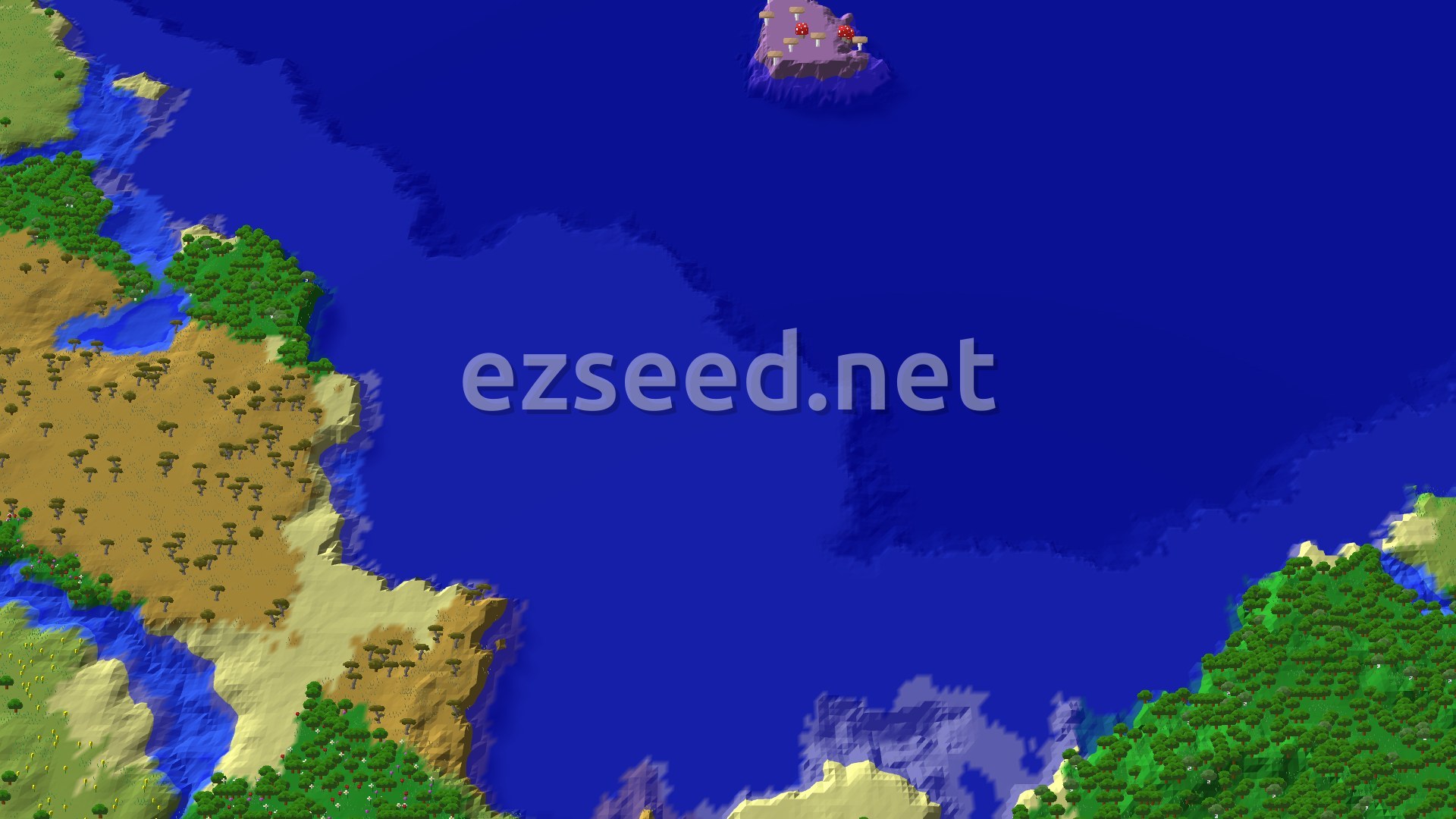 An aerial view showing a spawn point on a plains biome bordered by a savanna and a forest, with a large ocean and a distant mushroom island.