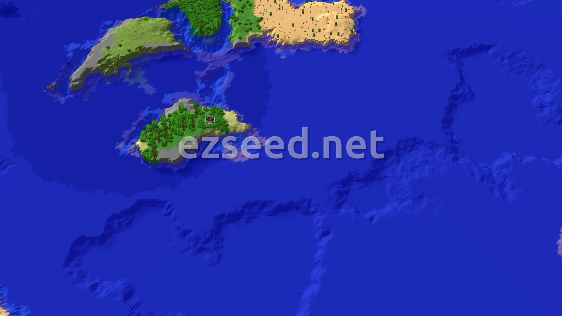Aerial Minecraft seed map — Jungle Island Spawn with Quick Access to Desert and Ocean