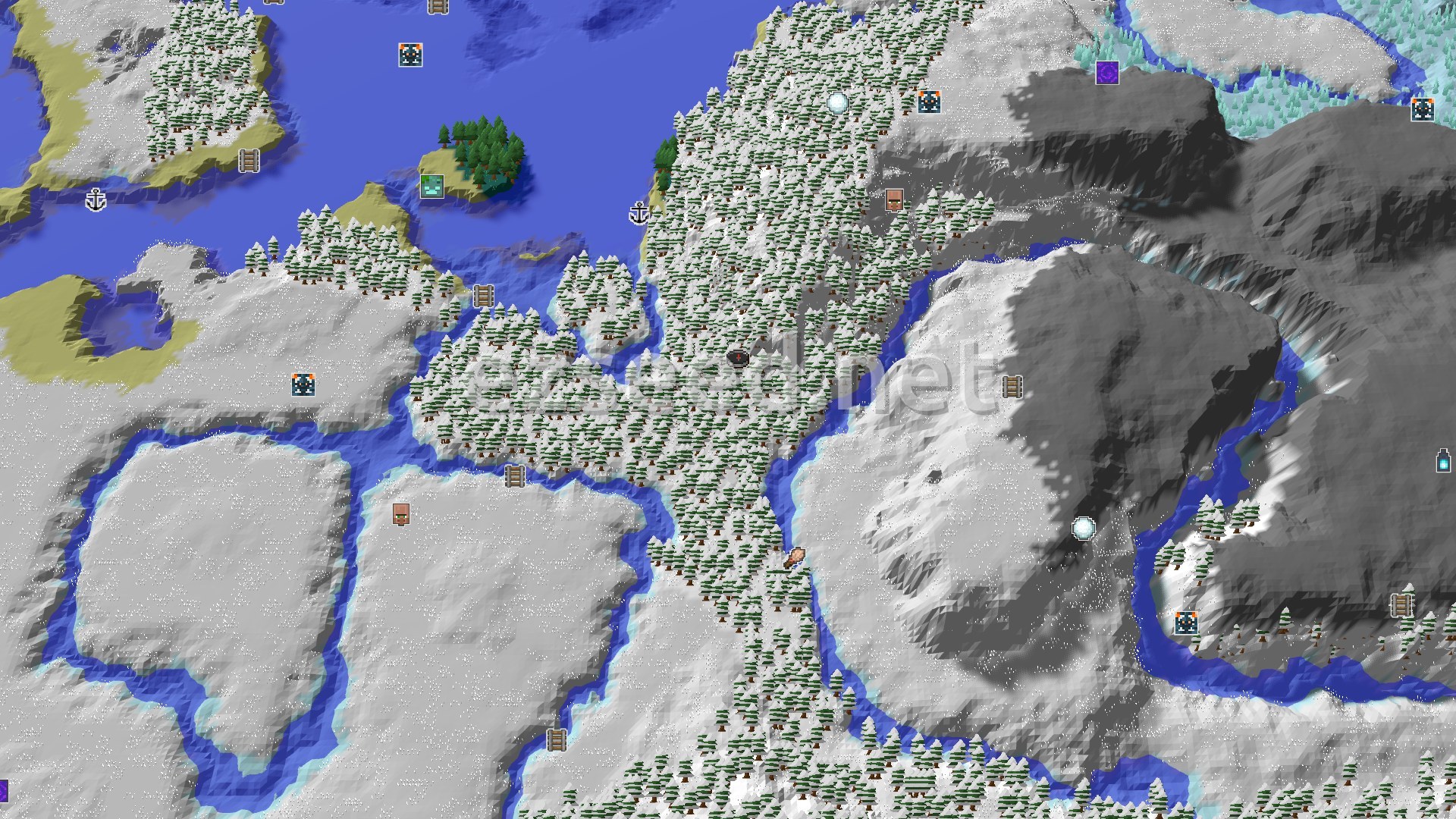 Aerial Minecraft seed map — A Cold Start With Close Villages and Distant Ancient Cities