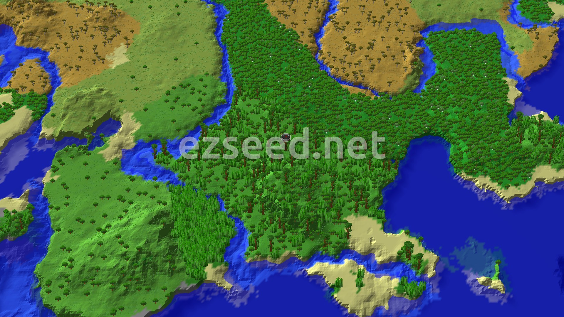 A 3D overhead view of a dense jungle biome at the center, surrounded by rivers, oceans, and savannas, with a small marker at the spawn point.