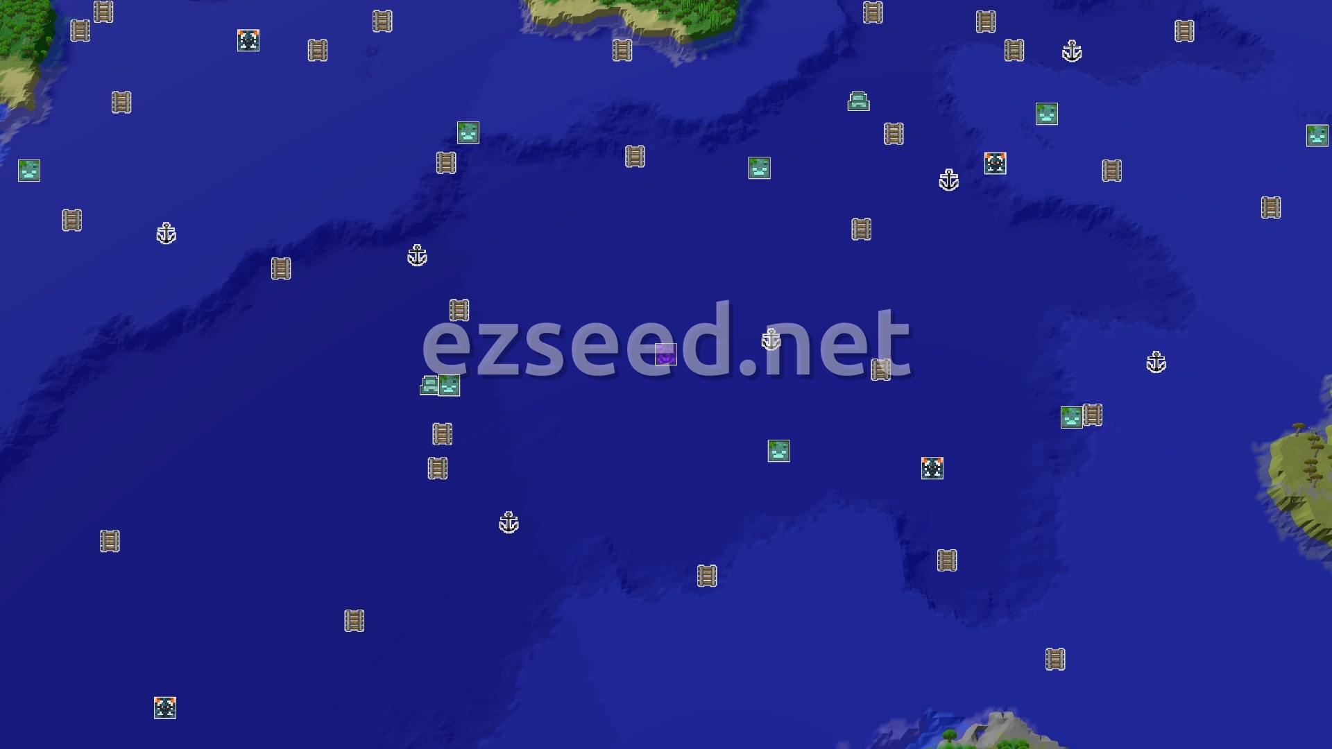 Aerial Minecraft seed map — Jungle Temple at Spawn, Plus an Ocean Monument