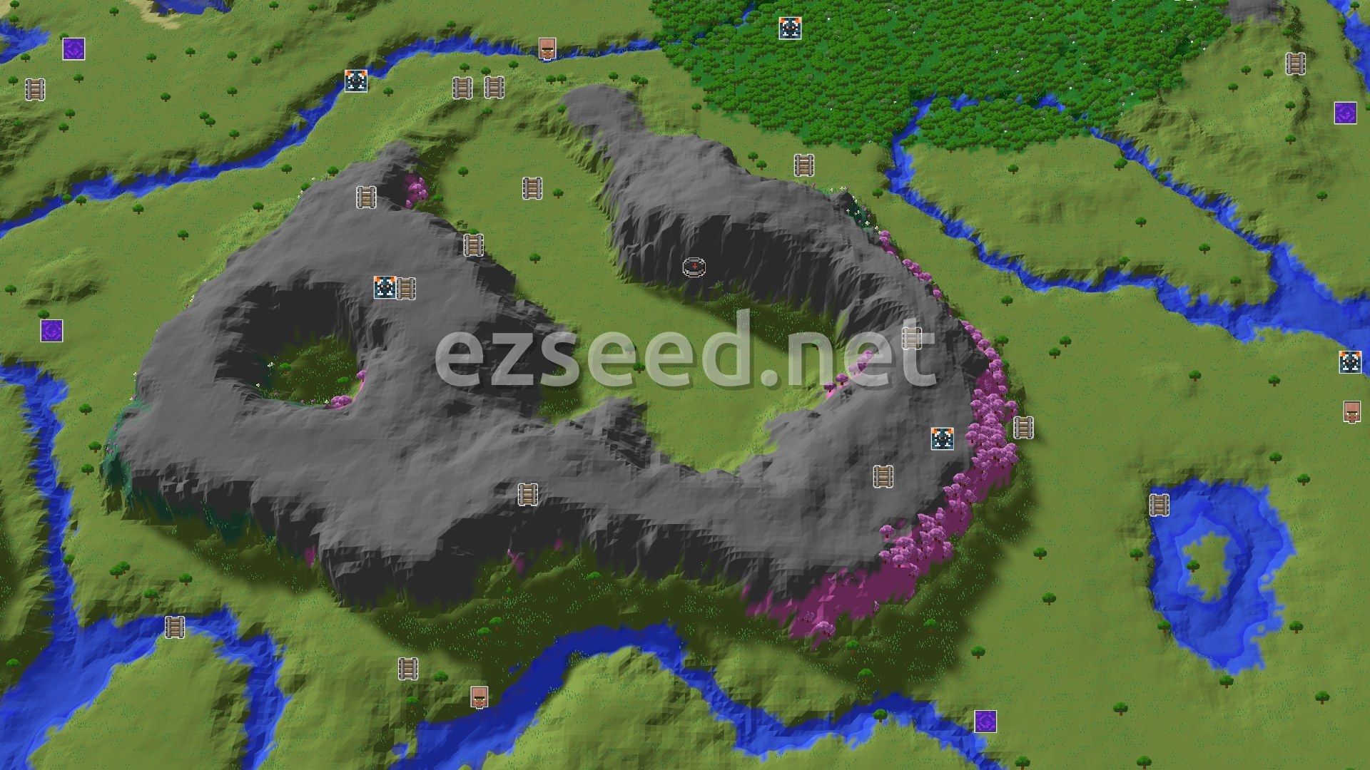 Aerial Minecraft seed map — Cherry Grove Meets Ocean in a Diverse Landscape