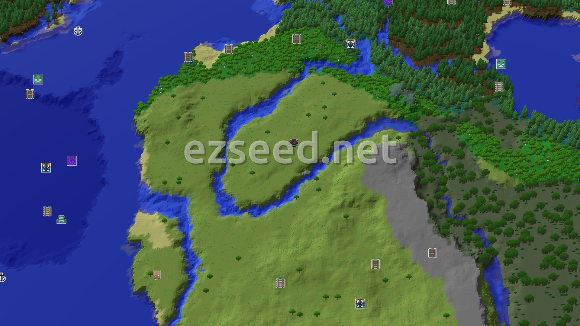 Aerial Minecraft seed map — A Modest Plains Spawn with Far-Off Villages and Trials
