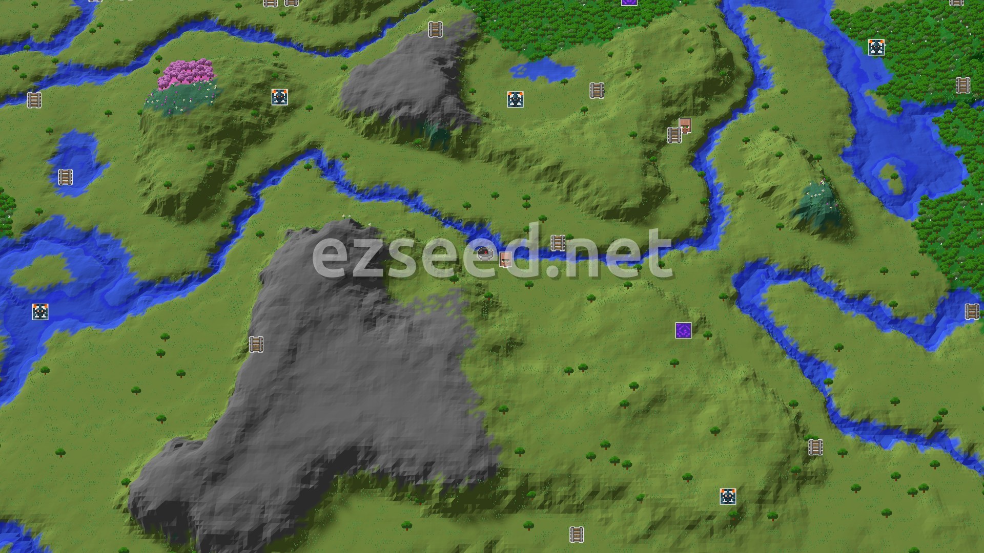 Aerial Minecraft seed map — A Village and Sprawling River System Near Spawn