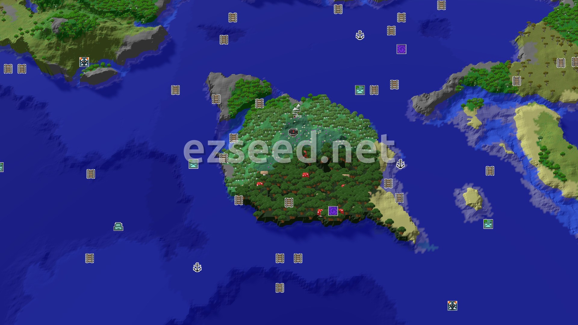 Aerial Minecraft seed map — Spawn in a Meadow, explore nearby Dark Forests and Oceans