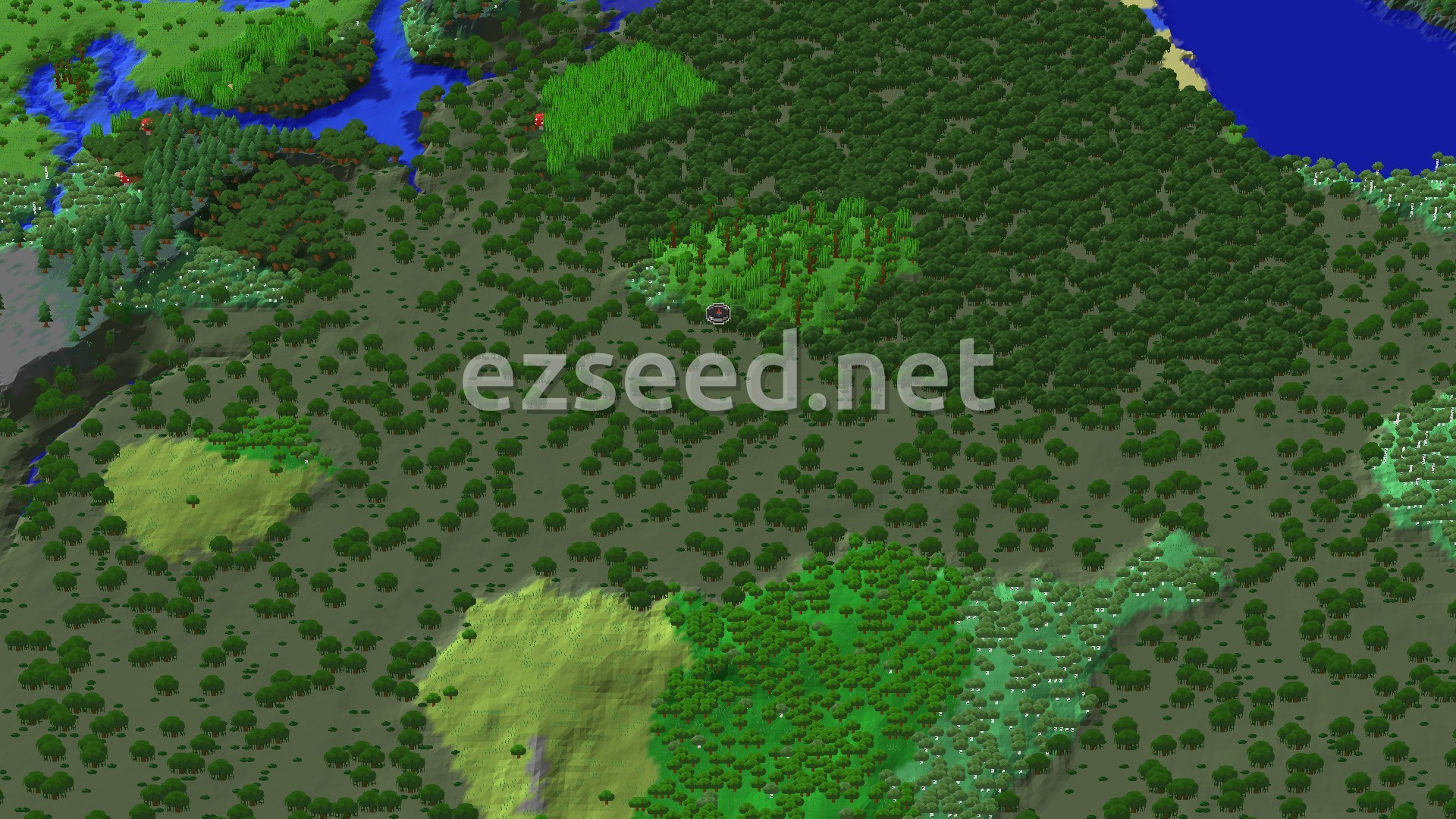 A 3D fly-over of a verdant landscape with a swampy area at the center, surrounded by dense forests and some lighter green patches of land, all under a clear blue sky.