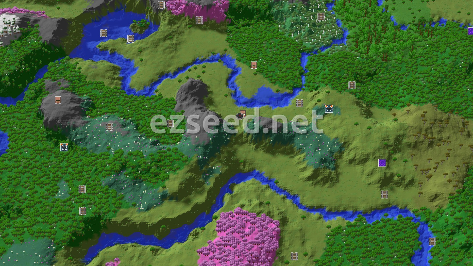Aerial Minecraft seed map — A Quick Village Start with Nearby Peaks and Jungle