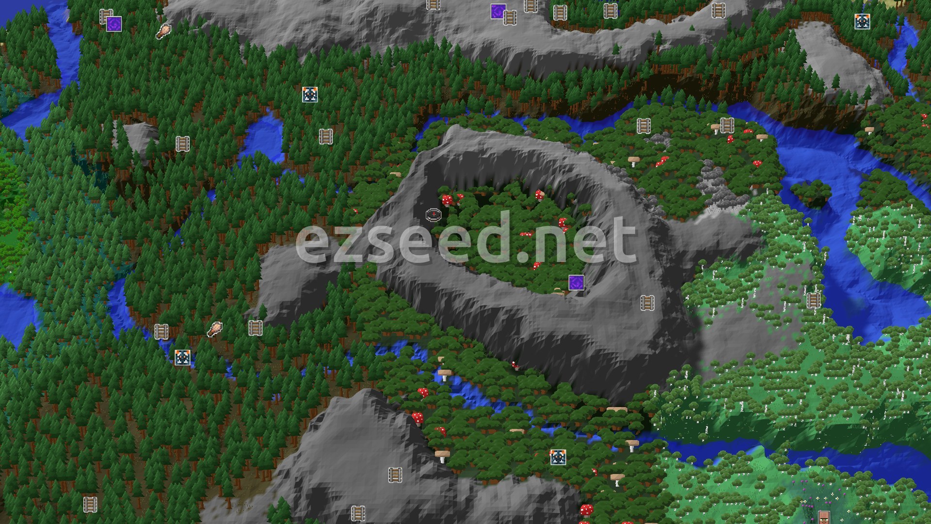 Aerial Minecraft seed map — Spawn in a Dark Forest with a Rare Pale Garden nearby