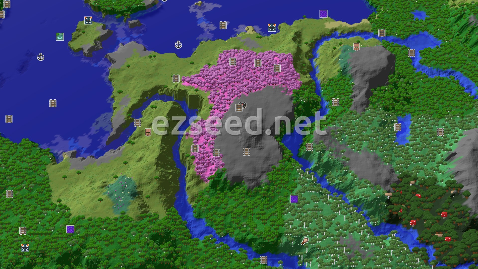 Aerial Minecraft seed map — Cherry Grove Spawn with Nearby Mineshaft and Village