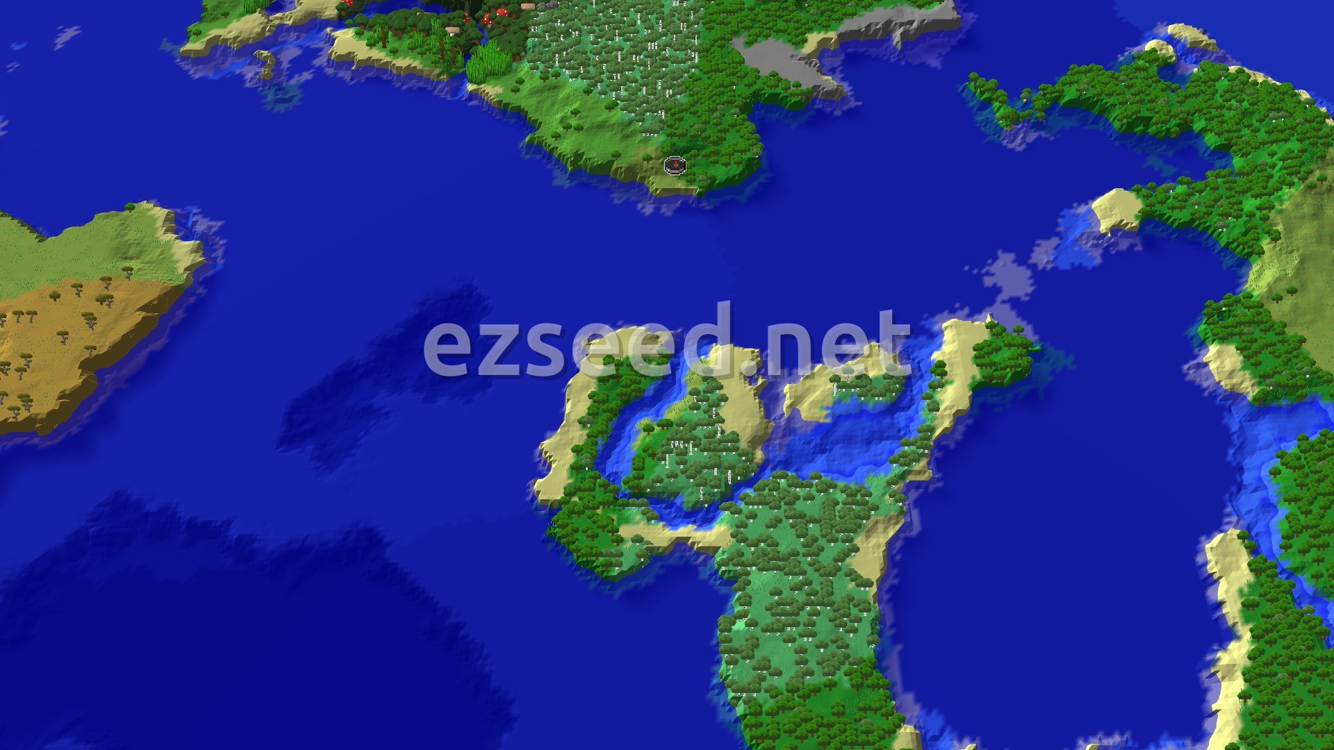 Aerial Minecraft seed map — Spawn Near a Small Ocean Ruin with Fast Nether Access