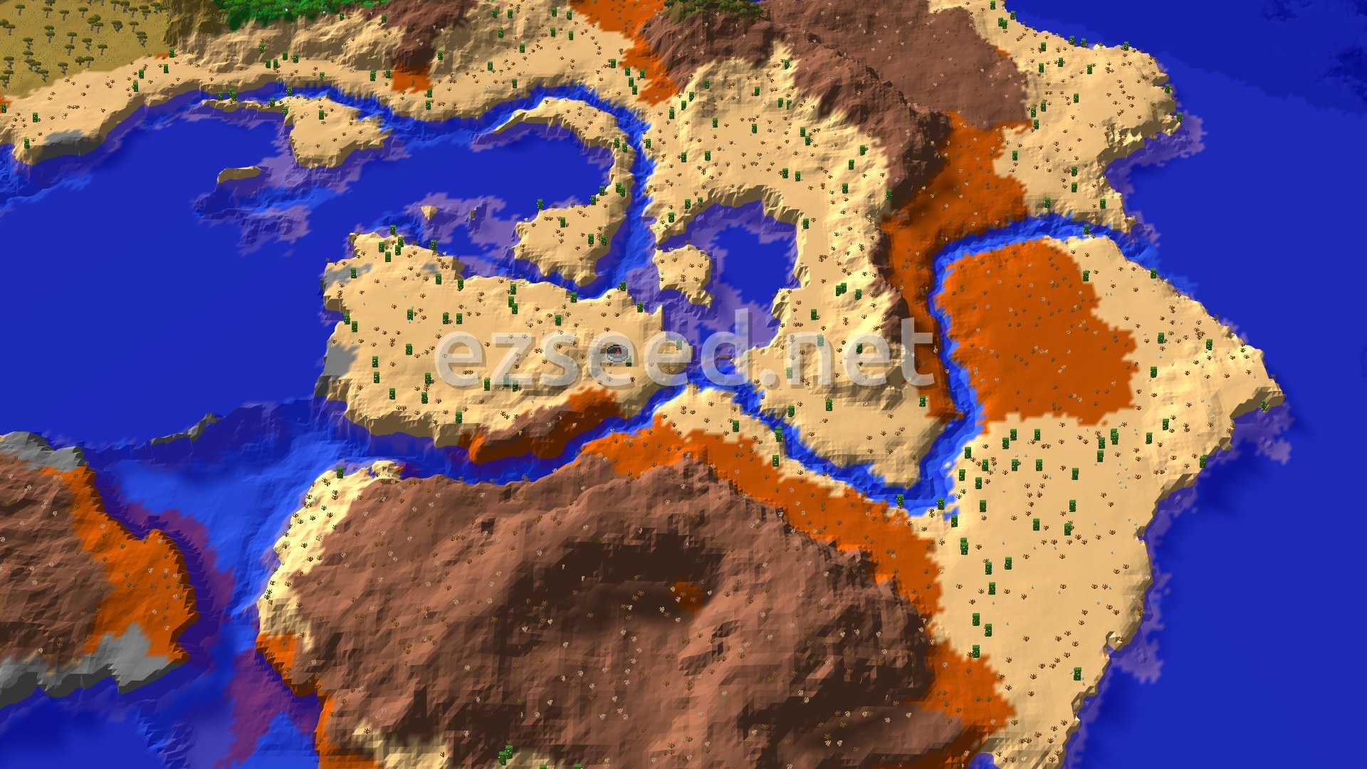 Aerial Minecraft seed map — Badlands and Deserts Near Spawn, Jungle Farther Out