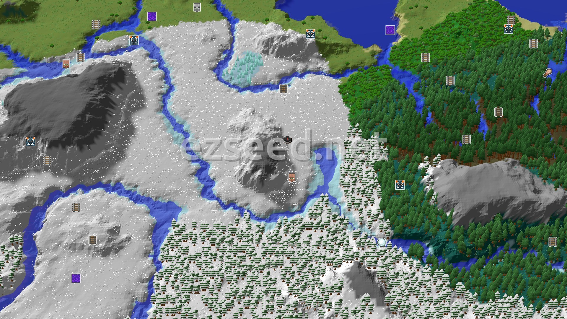 Aerial Minecraft seed map — A Cold Start with a Close Village and Mountainous Horizons