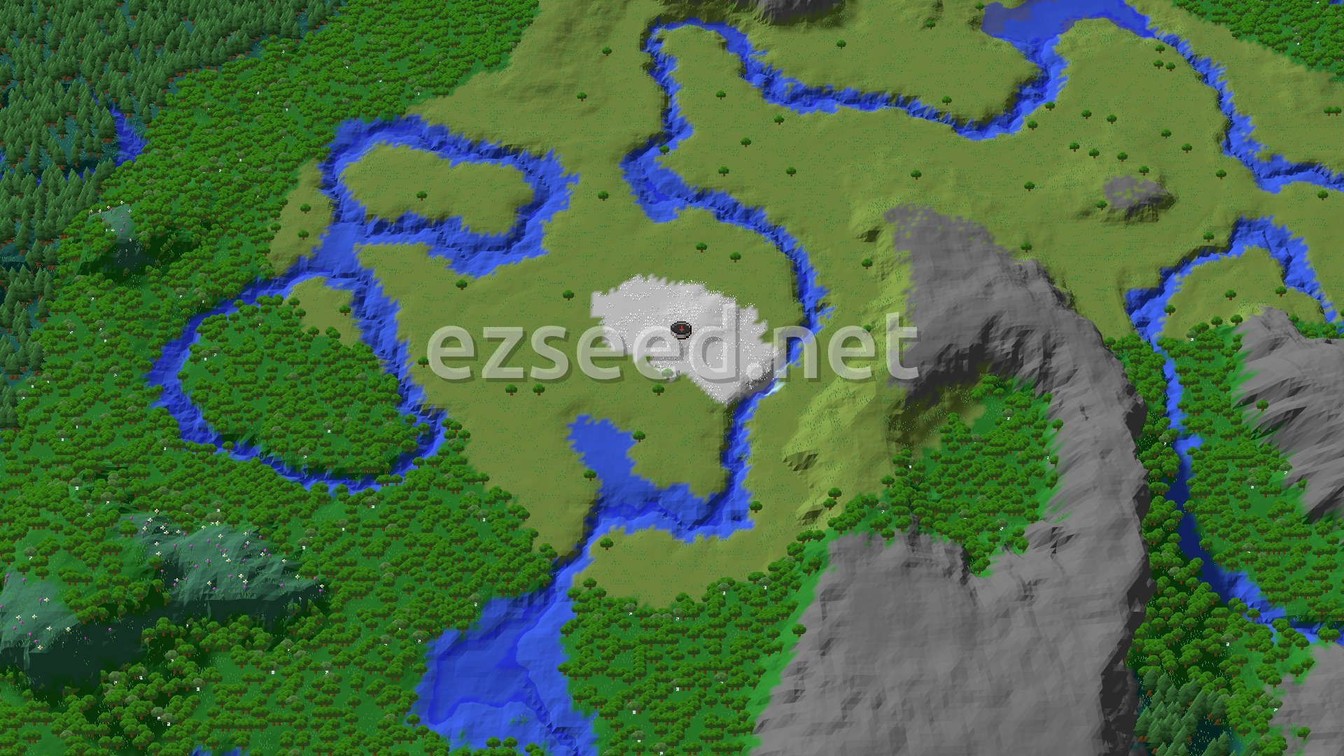 Aerial Minecraft seed map — Snowy Plains Start with Close Igloo and Forest